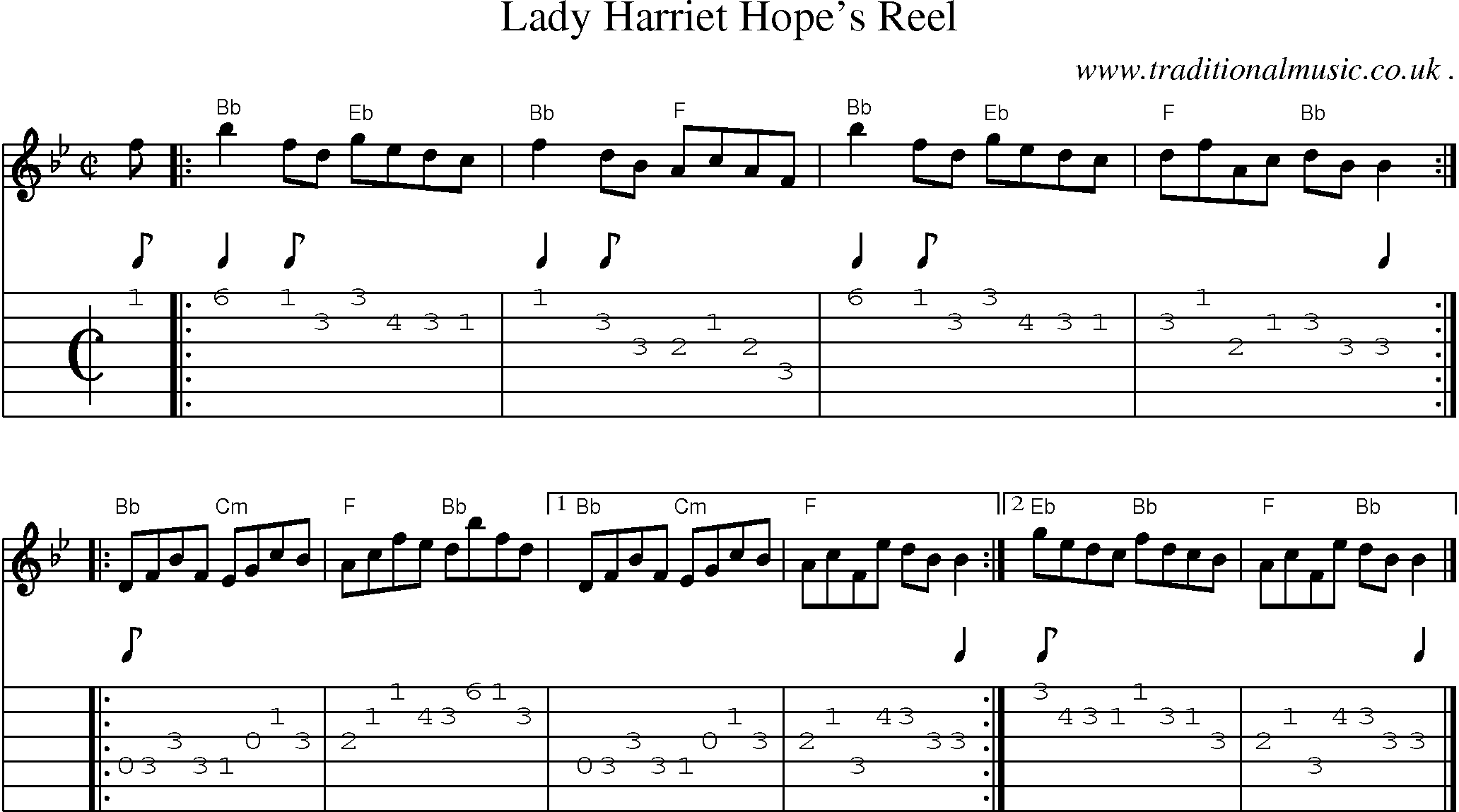 Sheet-music  score, Chords and Guitar Tabs for Lady Harriet Hopes Reel