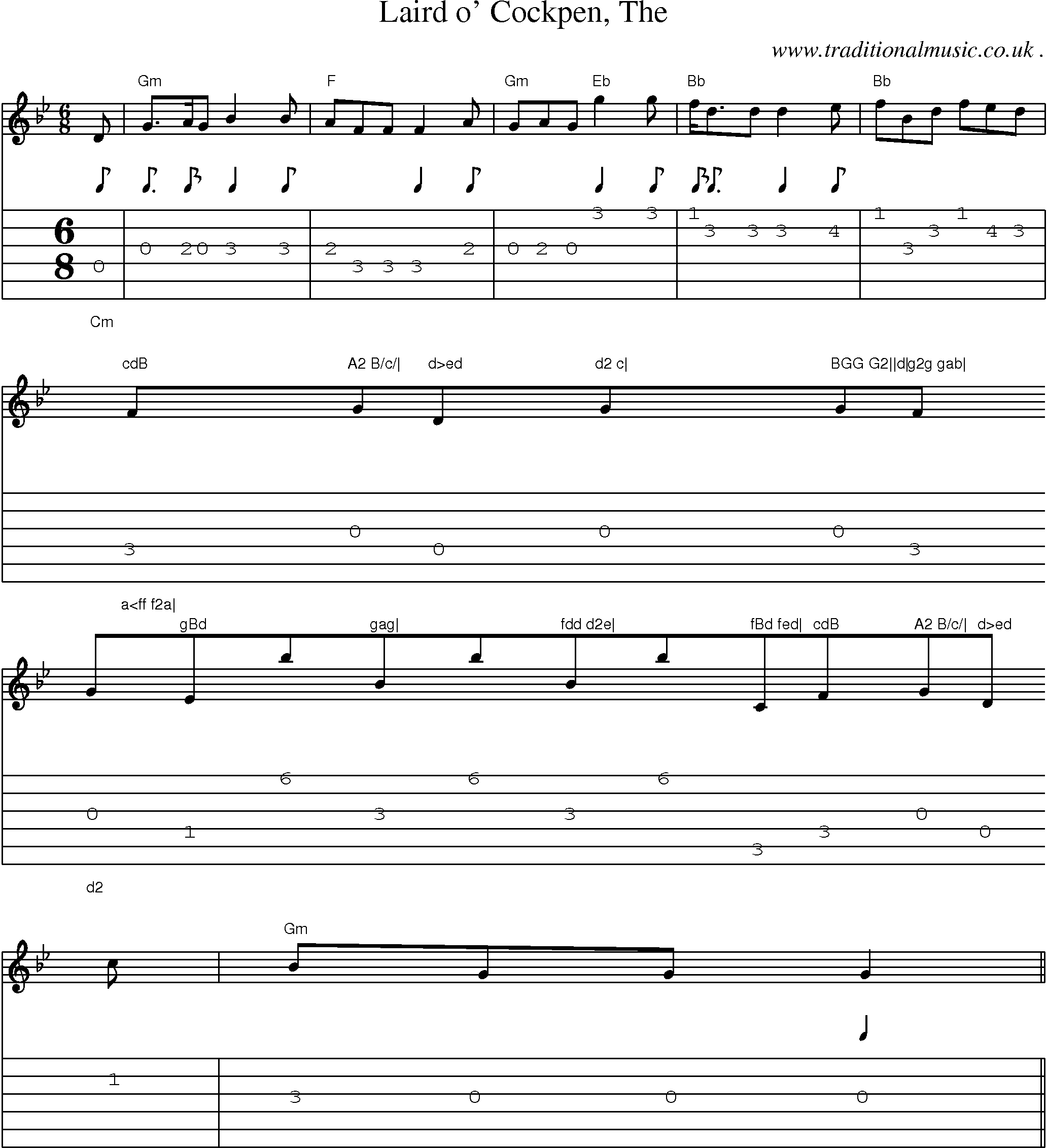 Sheet-music  score, Chords and Guitar Tabs for Laird O Cockpen The