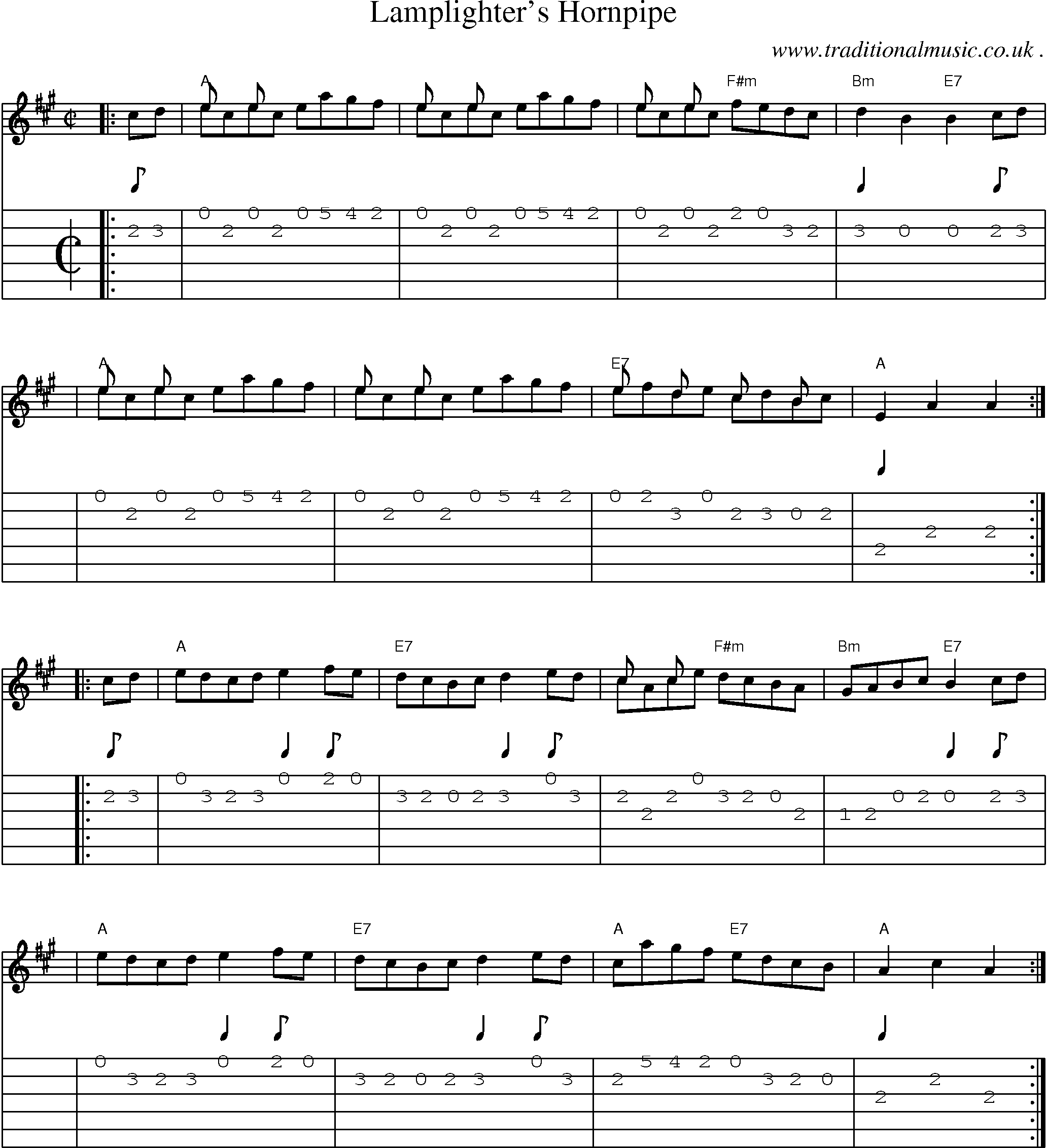 Sheet-music  score, Chords and Guitar Tabs for Lamplighters Hornpipe