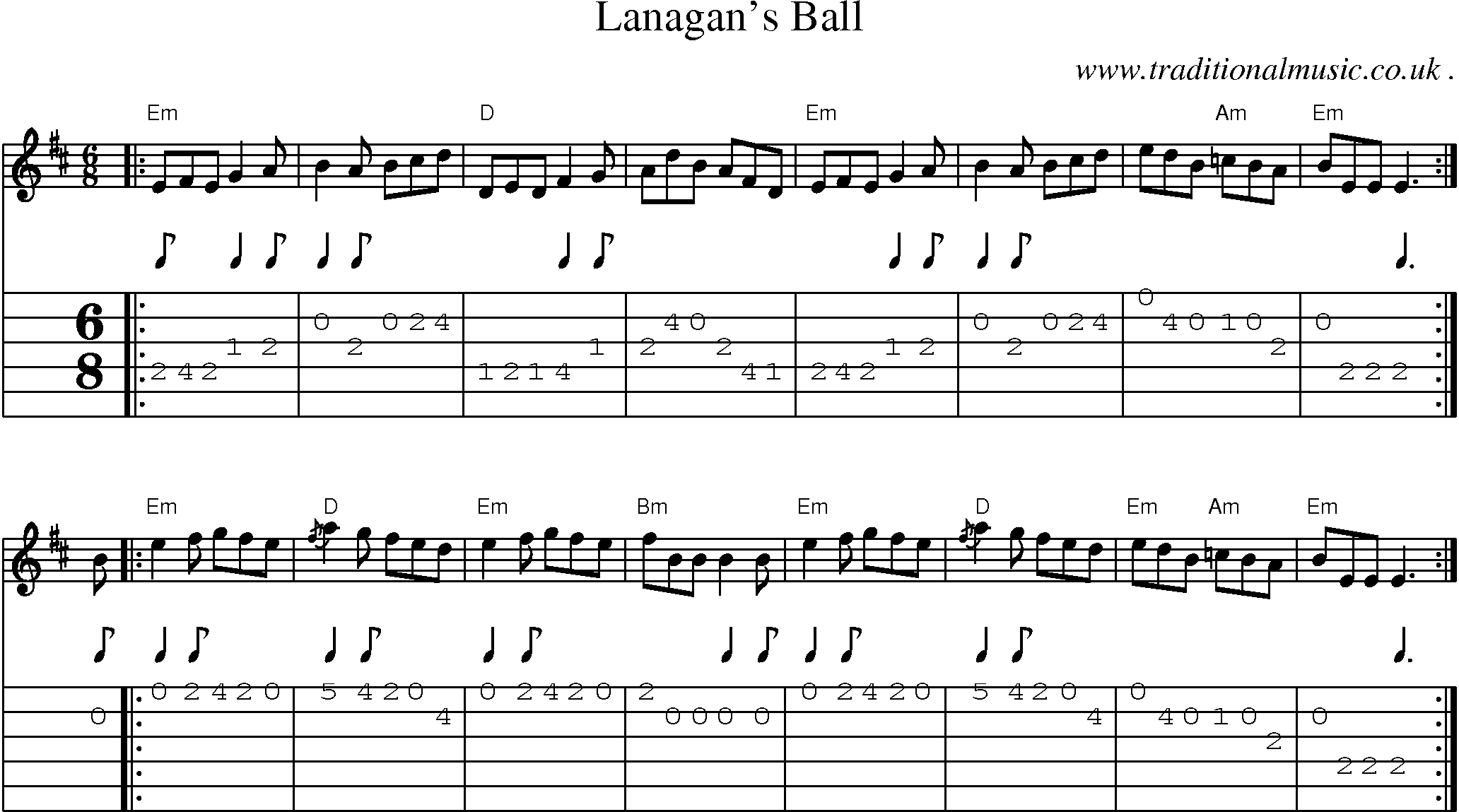 Sheet-music  score, Chords and Guitar Tabs for Lanagans Ball