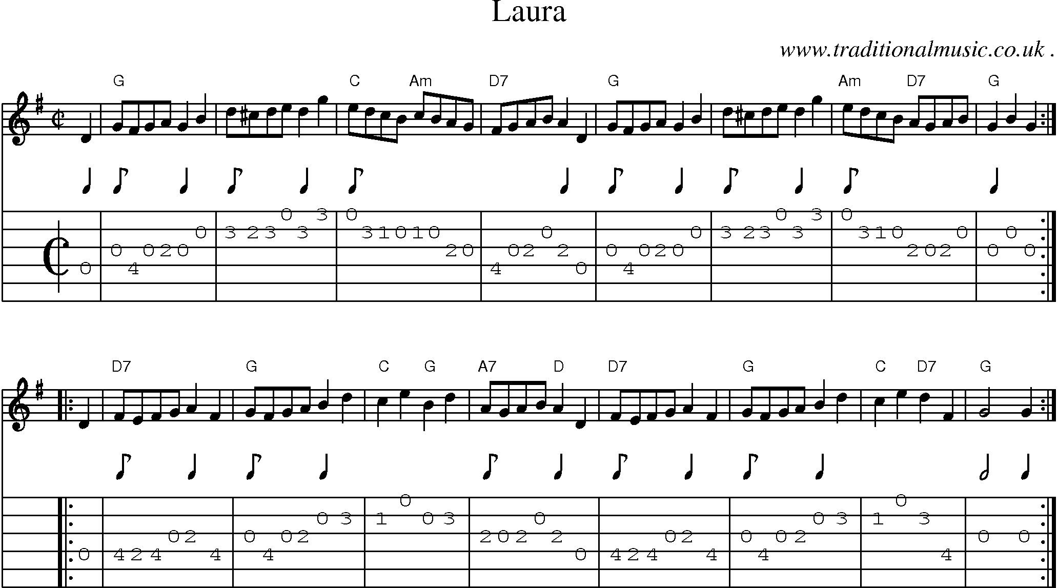 Sheet-music  score, Chords and Guitar Tabs for Laura
