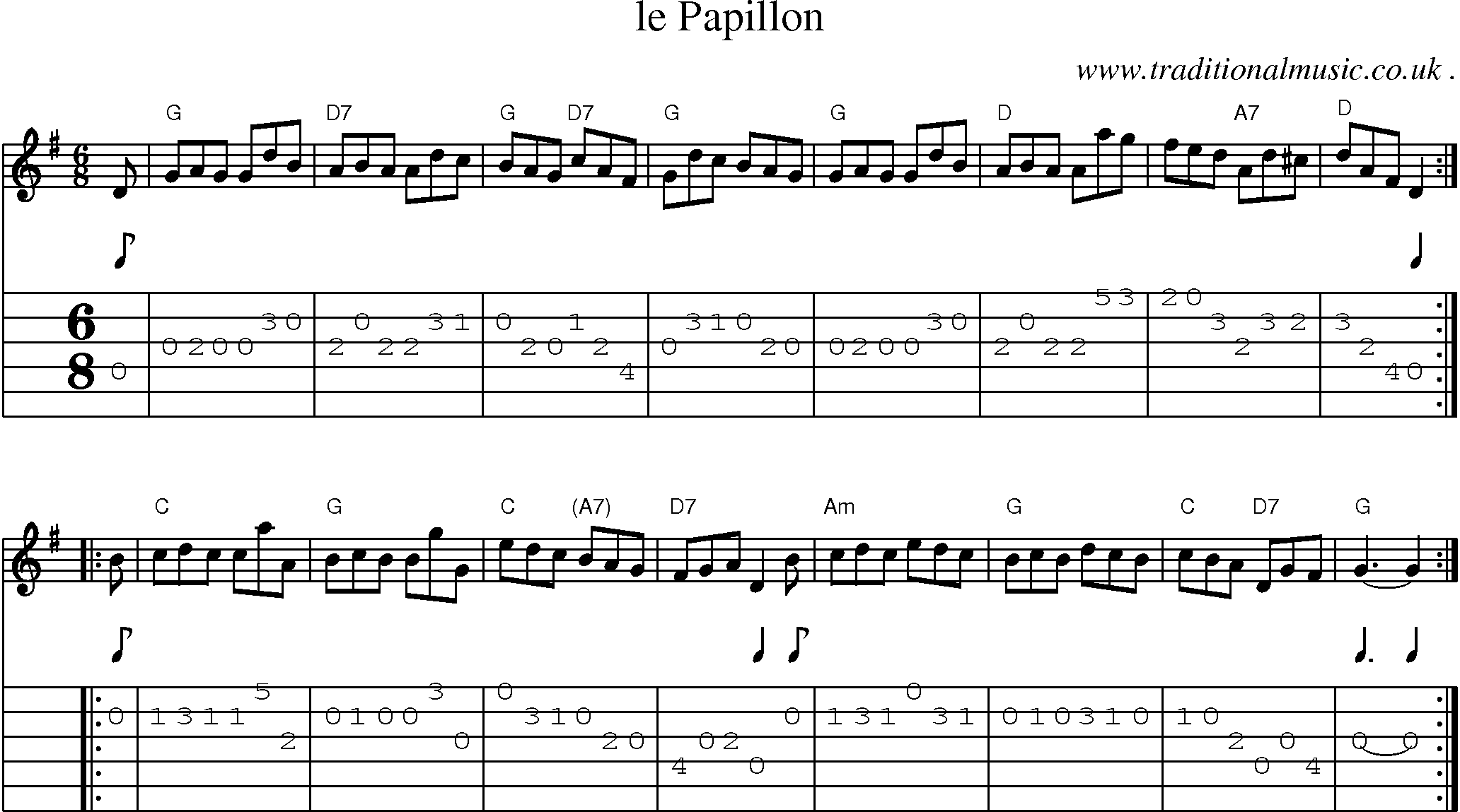 Sheet-music  score, Chords and Guitar Tabs for Le Papillon