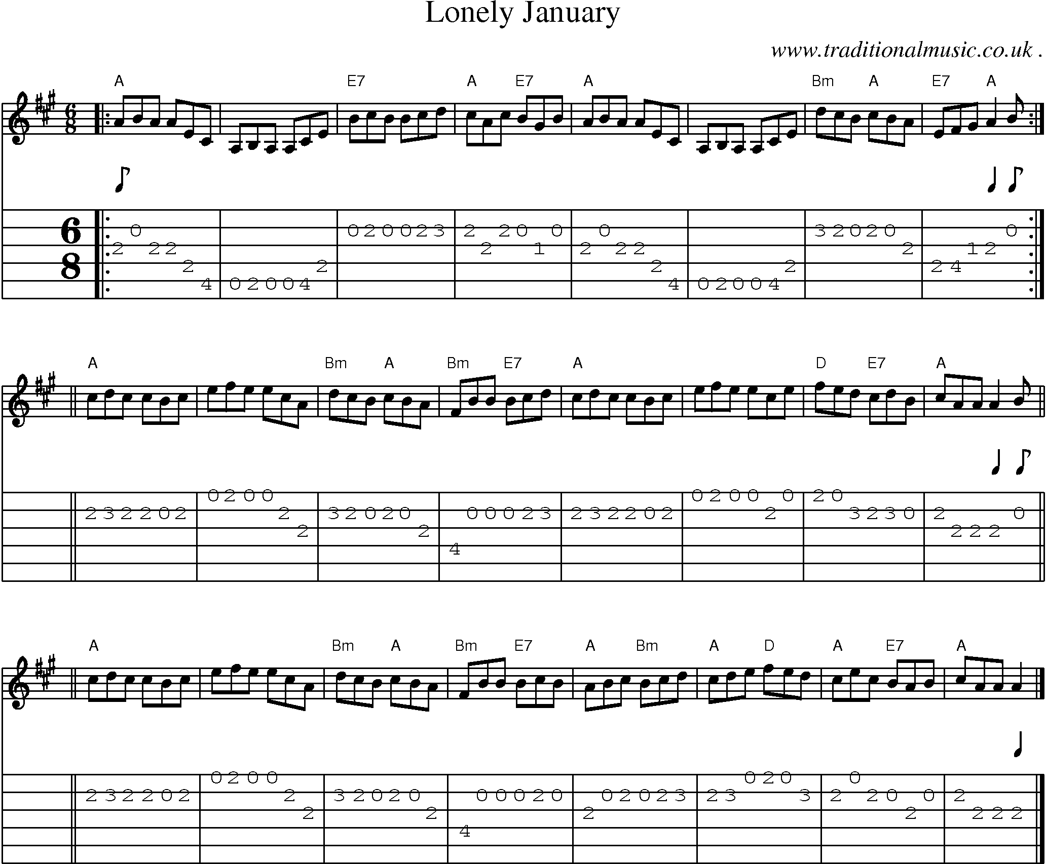 Sheet-music  score, Chords and Guitar Tabs for Lonely January