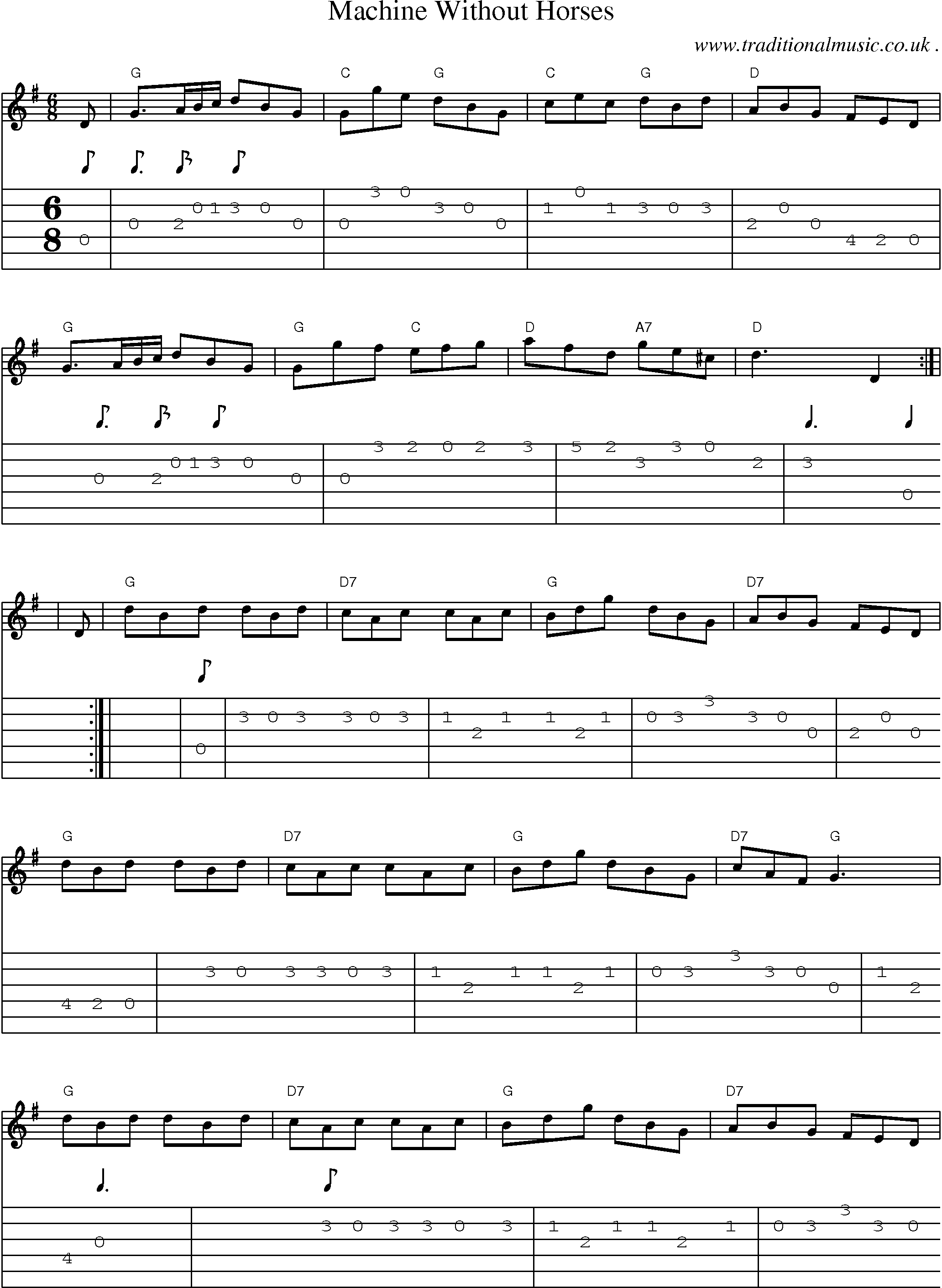 Sheet-music  score, Chords and Guitar Tabs for Machine Without Horses