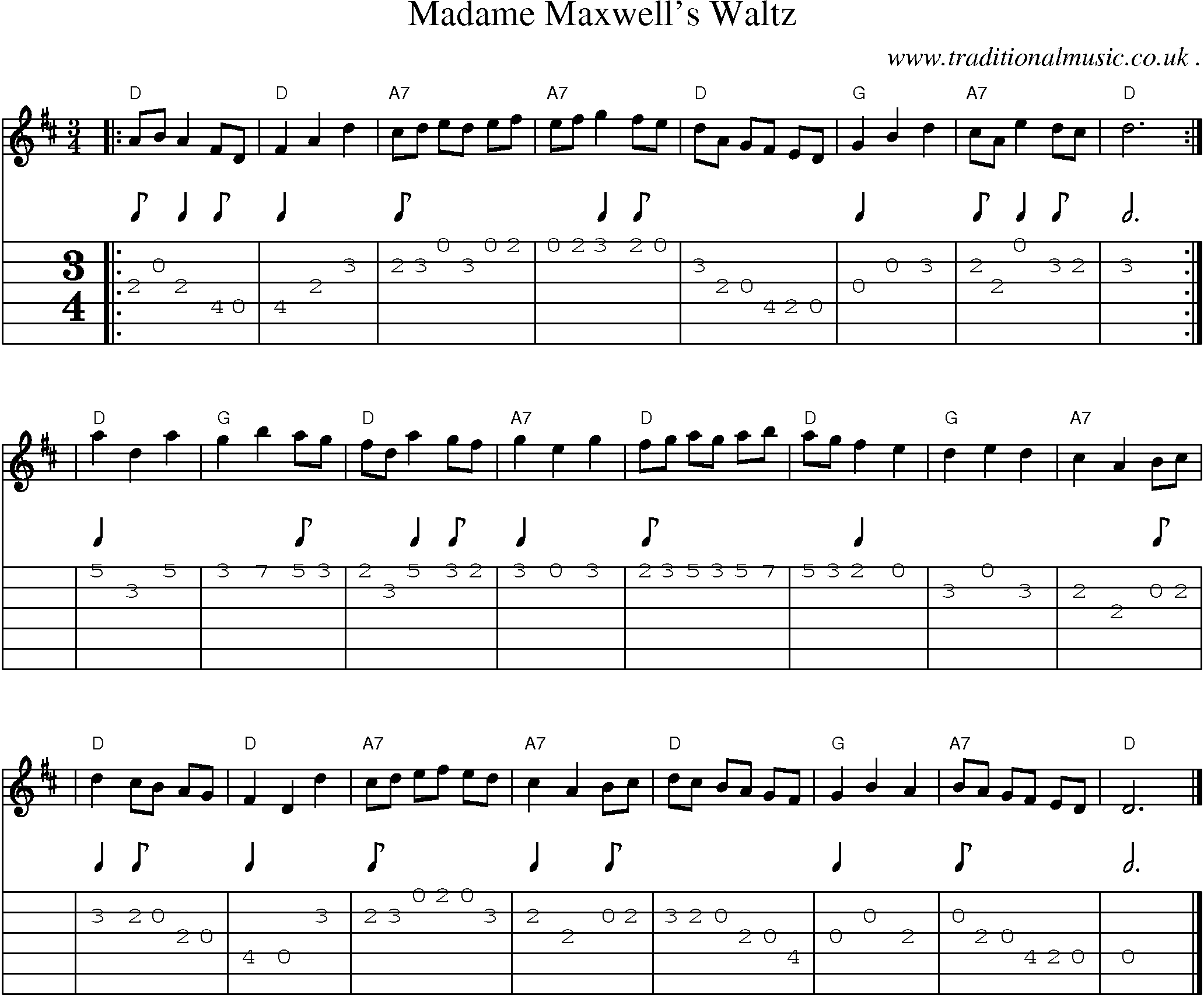 Sheet-music  score, Chords and Guitar Tabs for Madame Maxwells Waltz