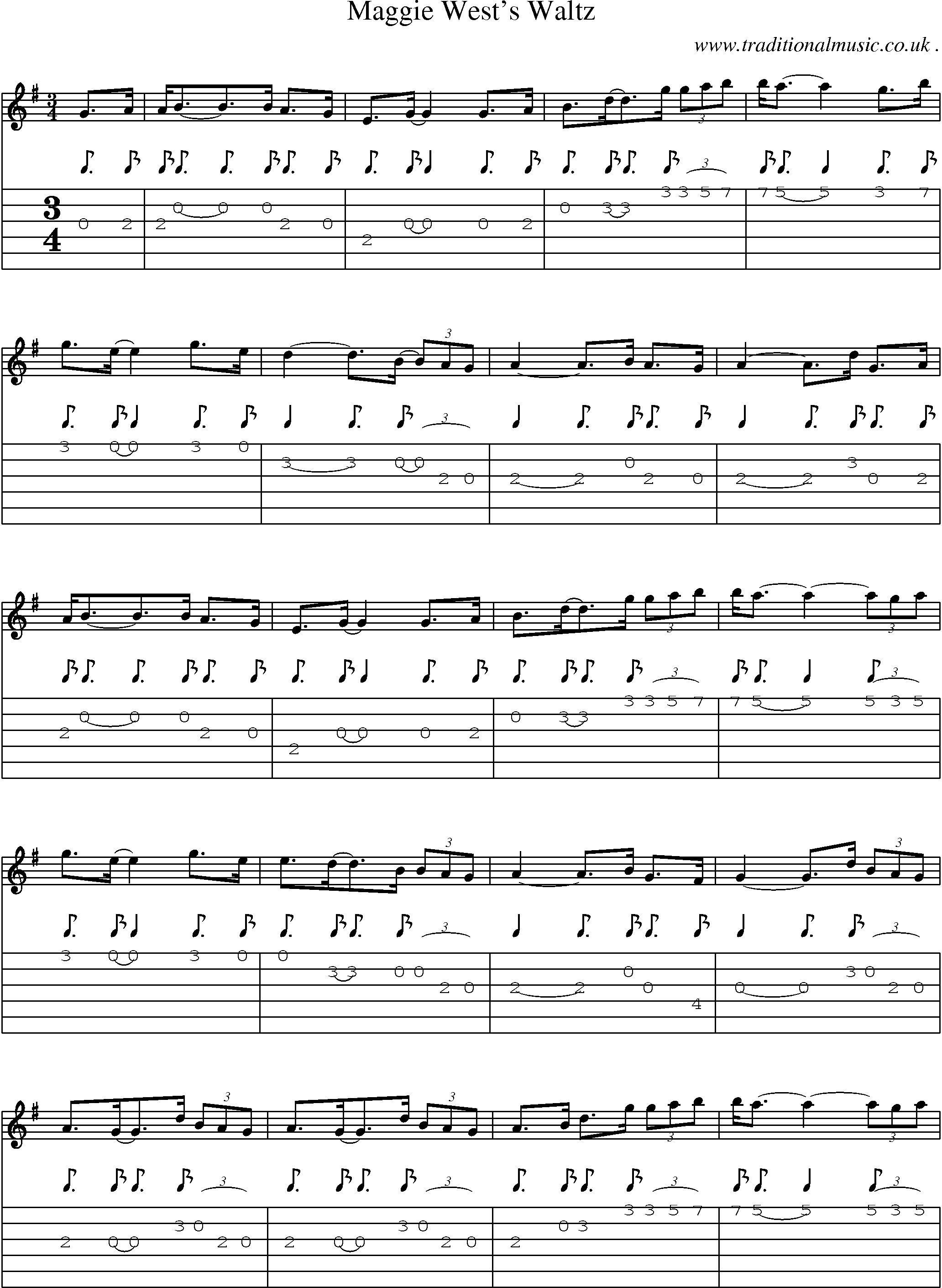 Sheet-music  score, Chords and Guitar Tabs for Maggie Wests Waltz