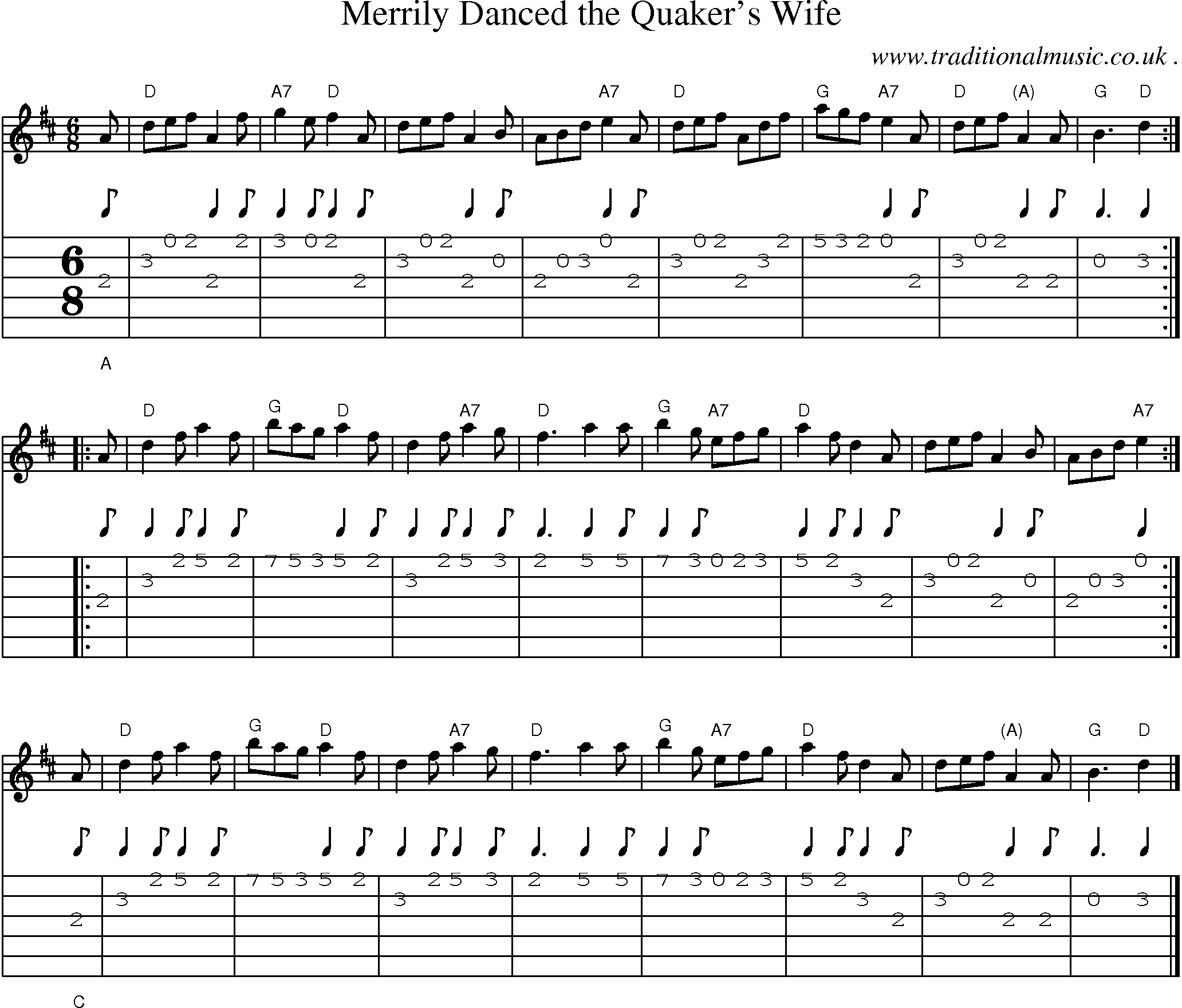 Sheet-music  score, Chords and Guitar Tabs for Merrily Danced The Quakers Wife