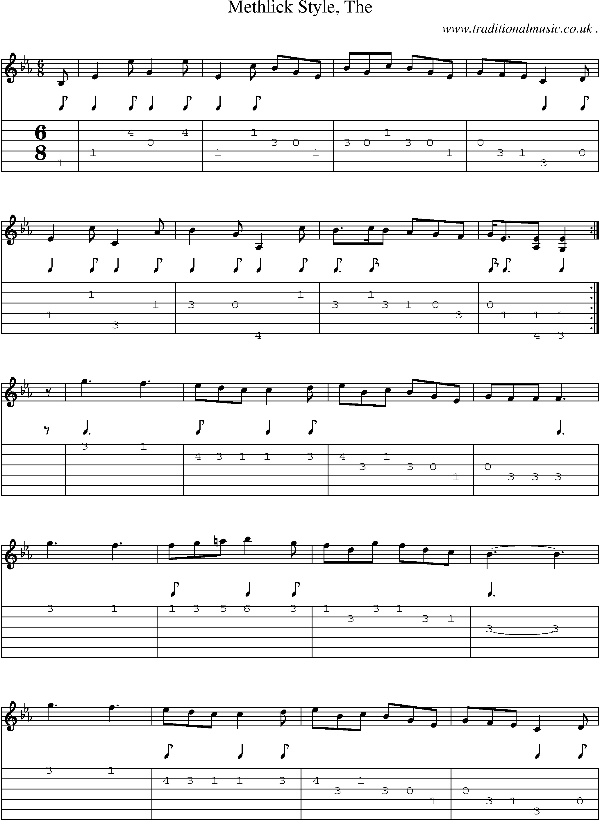 Sheet-music  score, Chords and Guitar Tabs for Methlick Style The