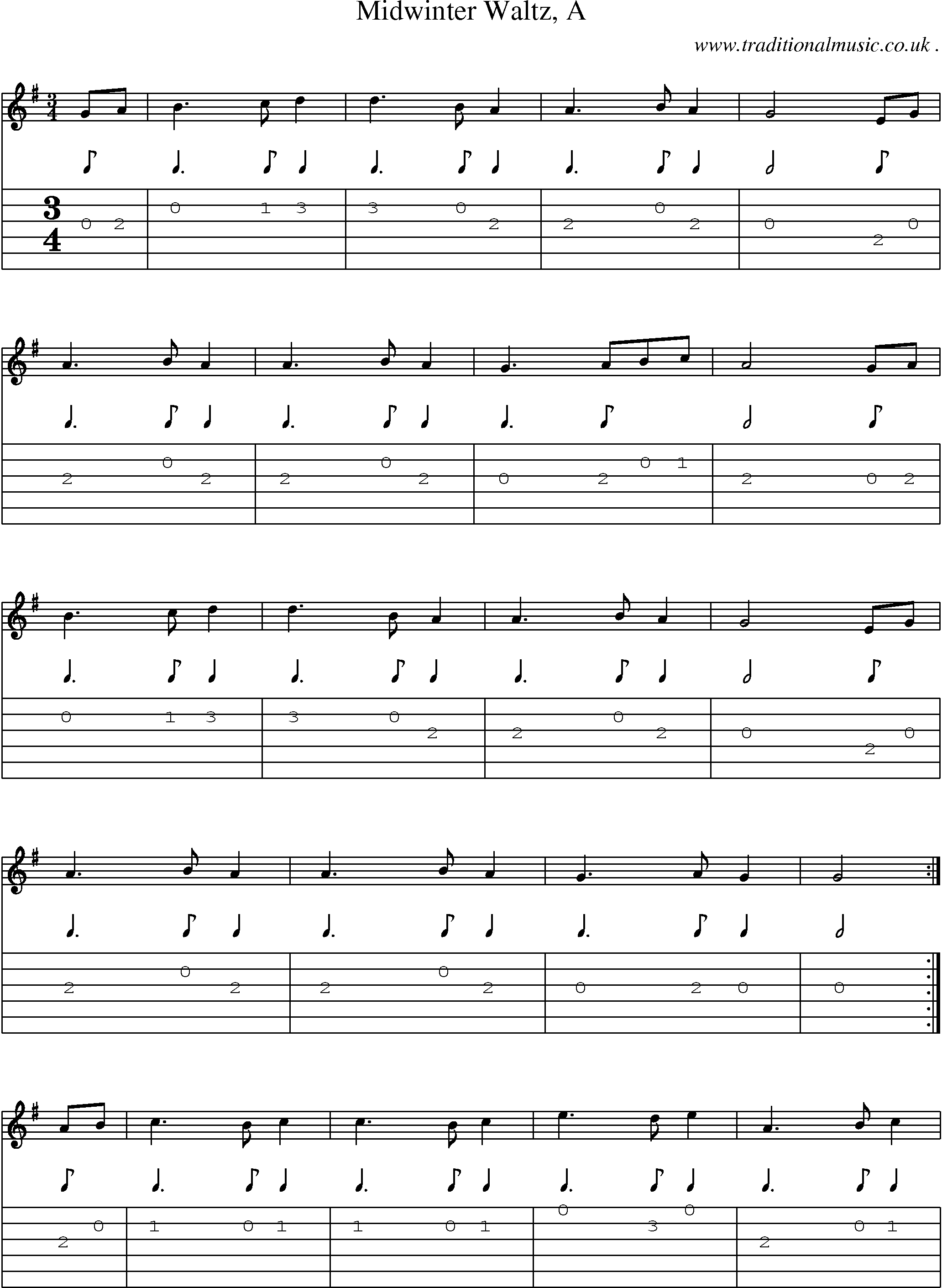 Sheet-music  score, Chords and Guitar Tabs for Midwinter Waltz A