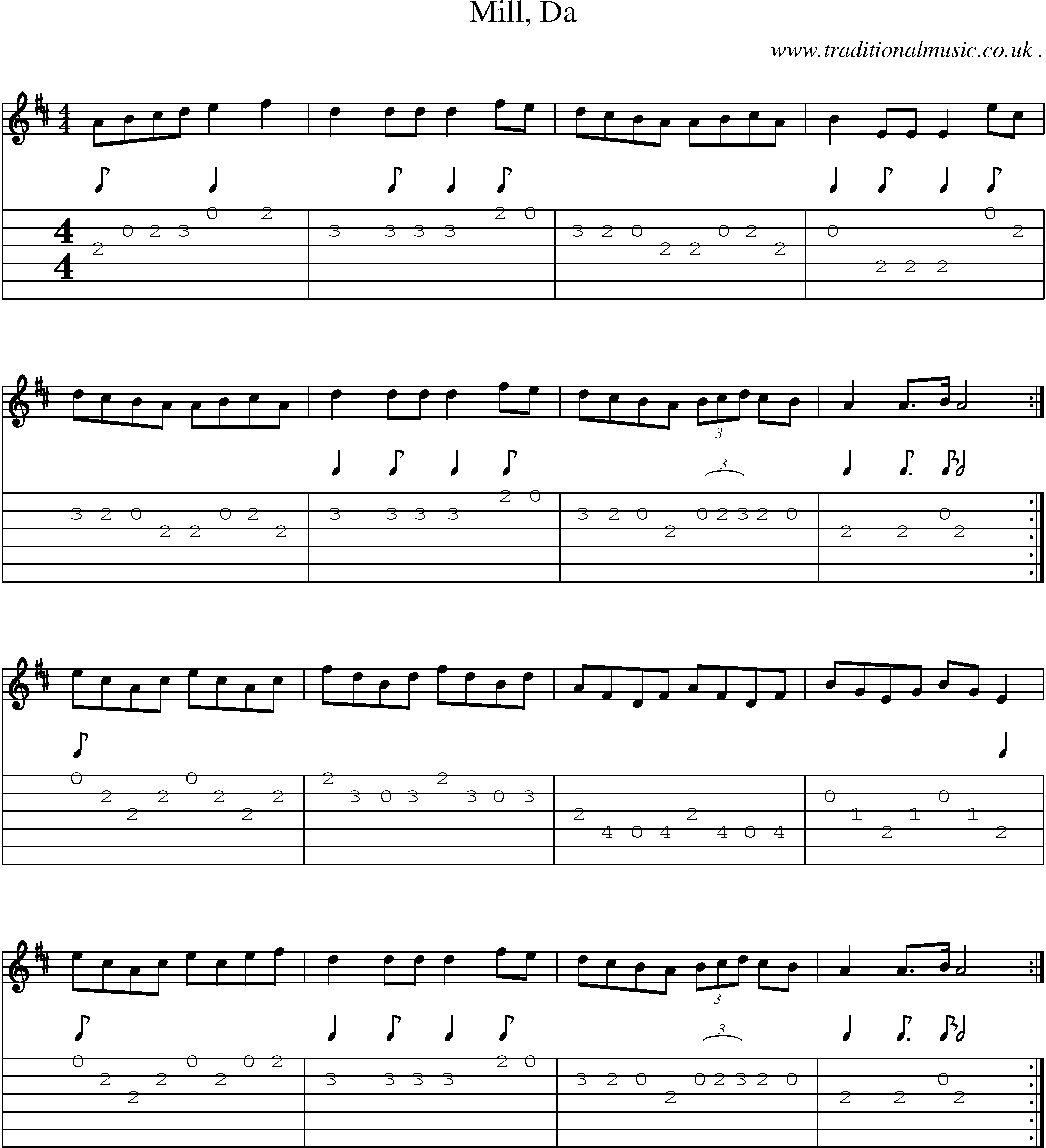 Sheet-music  score, Chords and Guitar Tabs for Mill Da