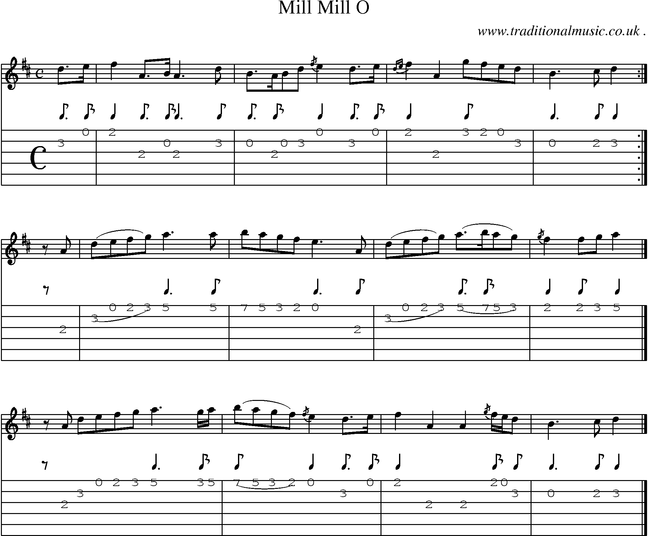 Sheet-music  score, Chords and Guitar Tabs for Mill Mill O