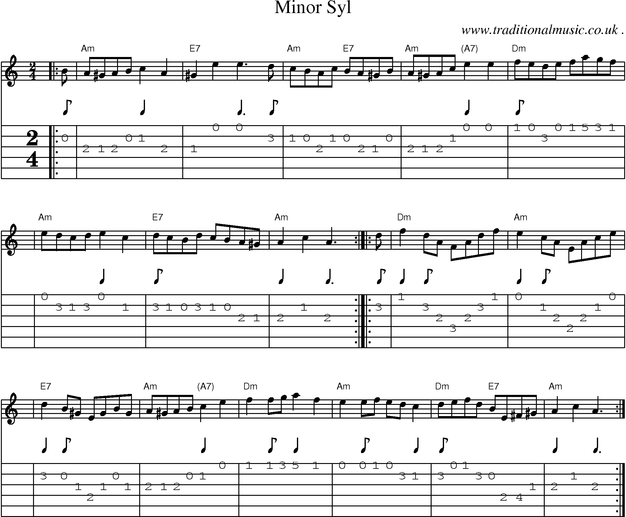 Sheet-music  score, Chords and Guitar Tabs for Minor Syl