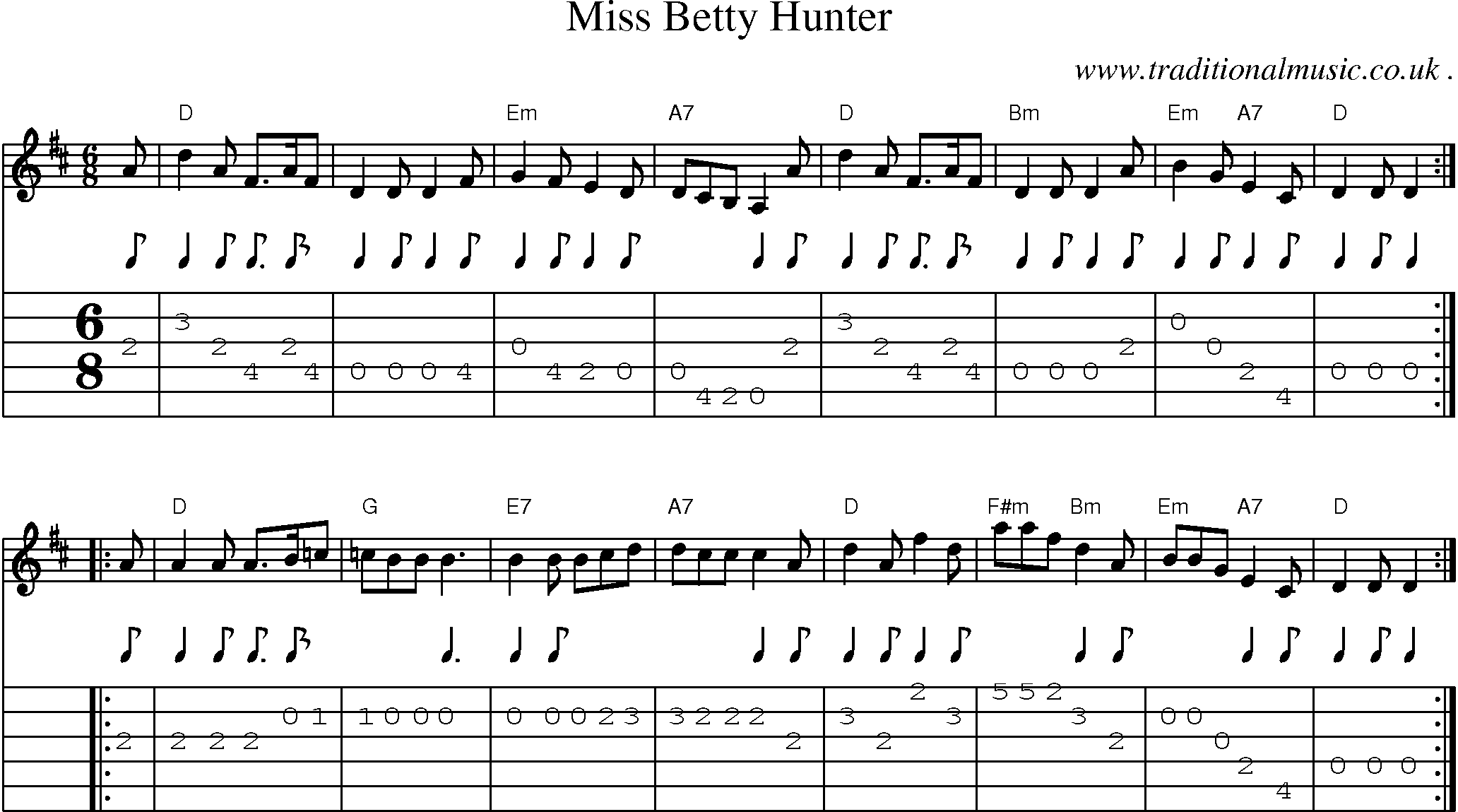 Sheet-music  score, Chords and Guitar Tabs for Miss Betty Hunter