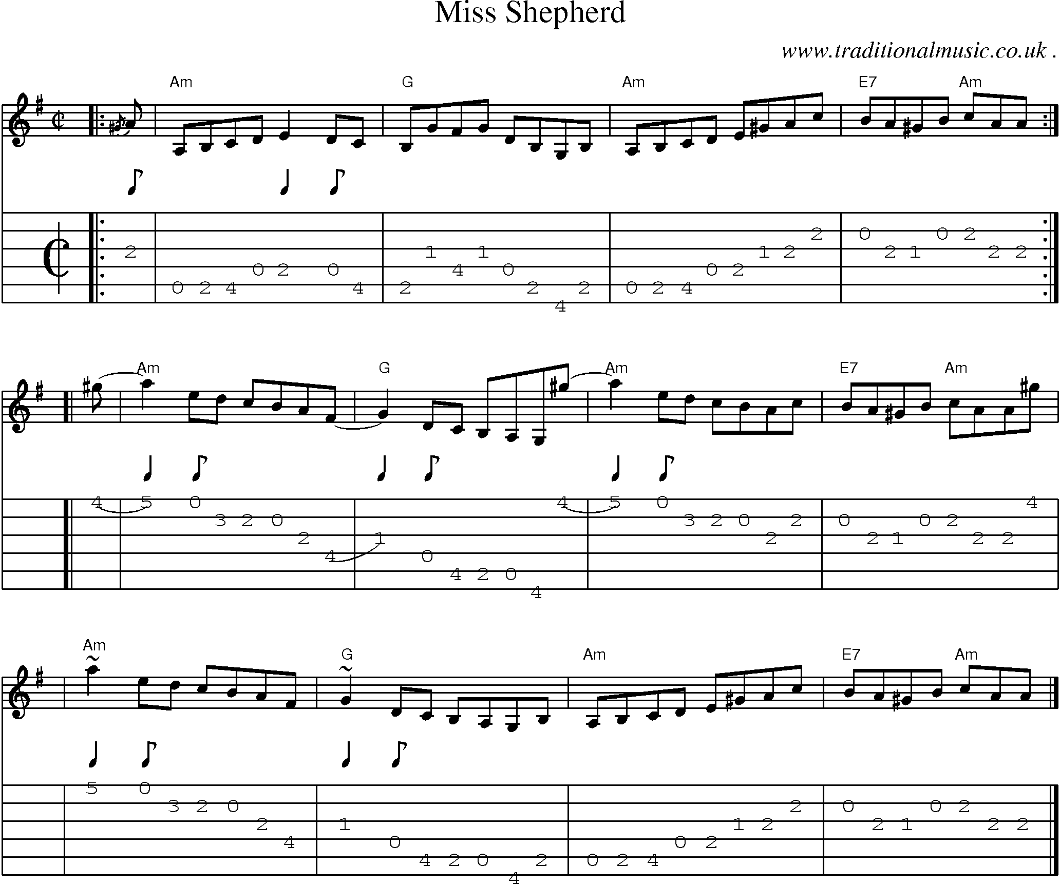 Sheet-music  score, Chords and Guitar Tabs for Miss Shepherd