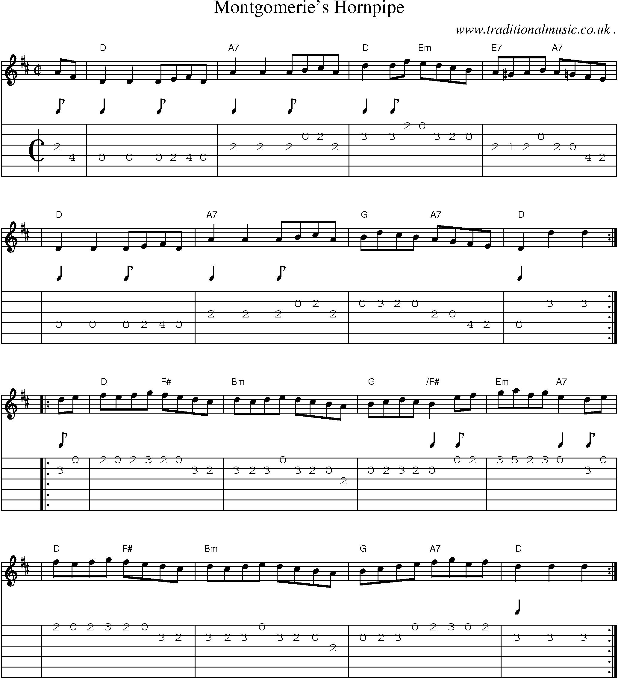 Sheet-music  score, Chords and Guitar Tabs for Montgomeries Hornpipe