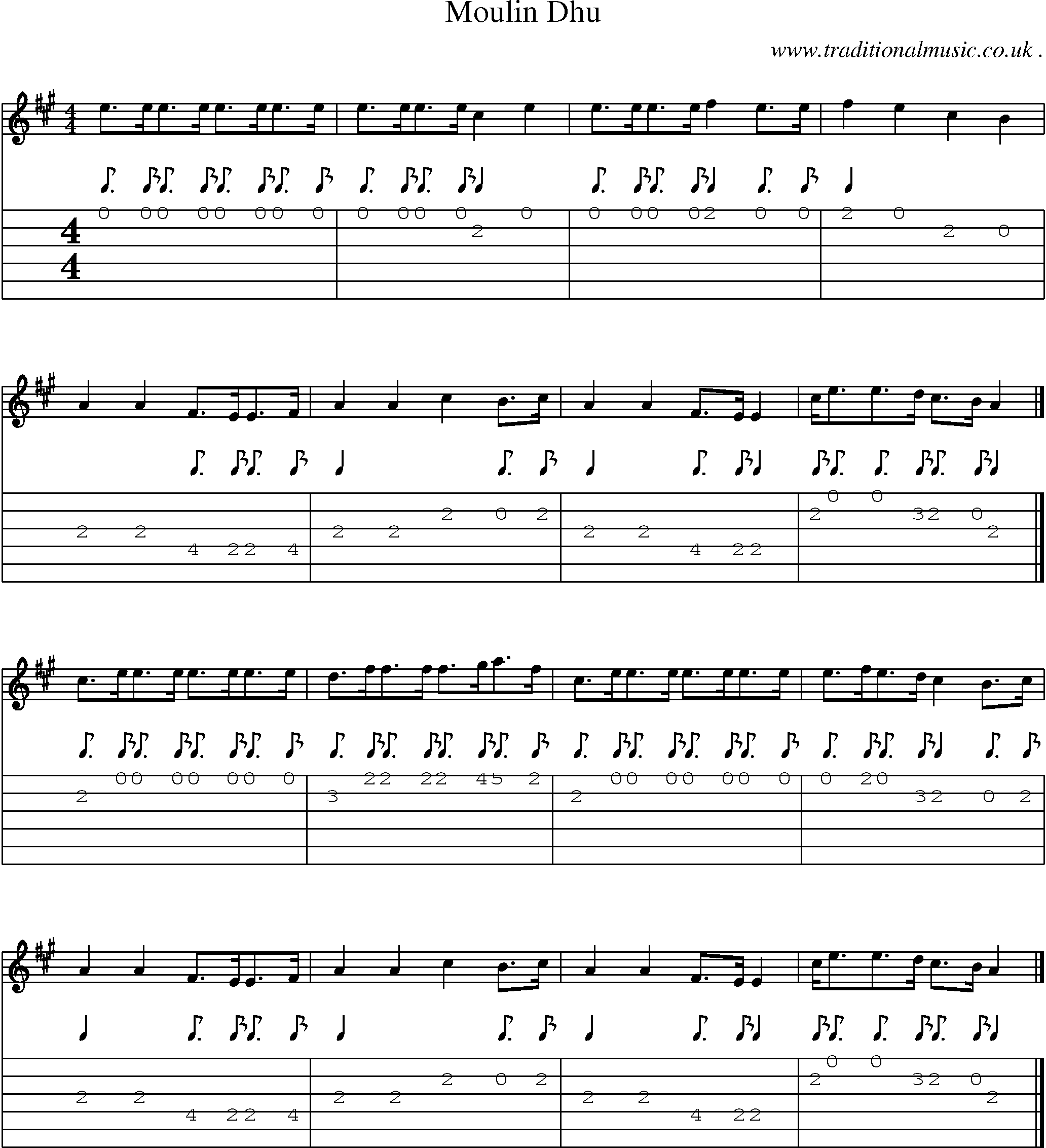 Sheet-music  score, Chords and Guitar Tabs for Moulin Dhu