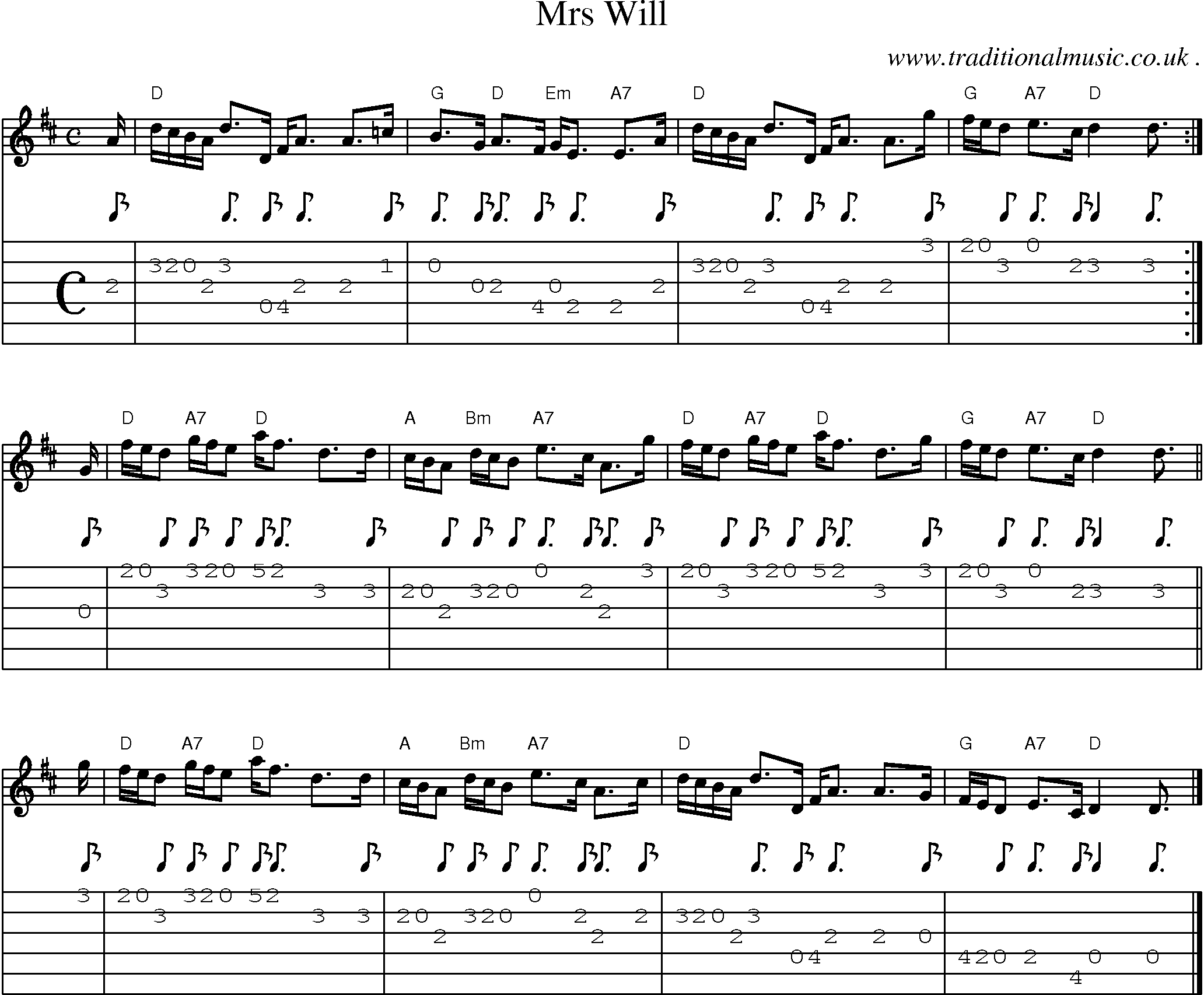 Sheet-music  score, Chords and Guitar Tabs for Mrs Will
