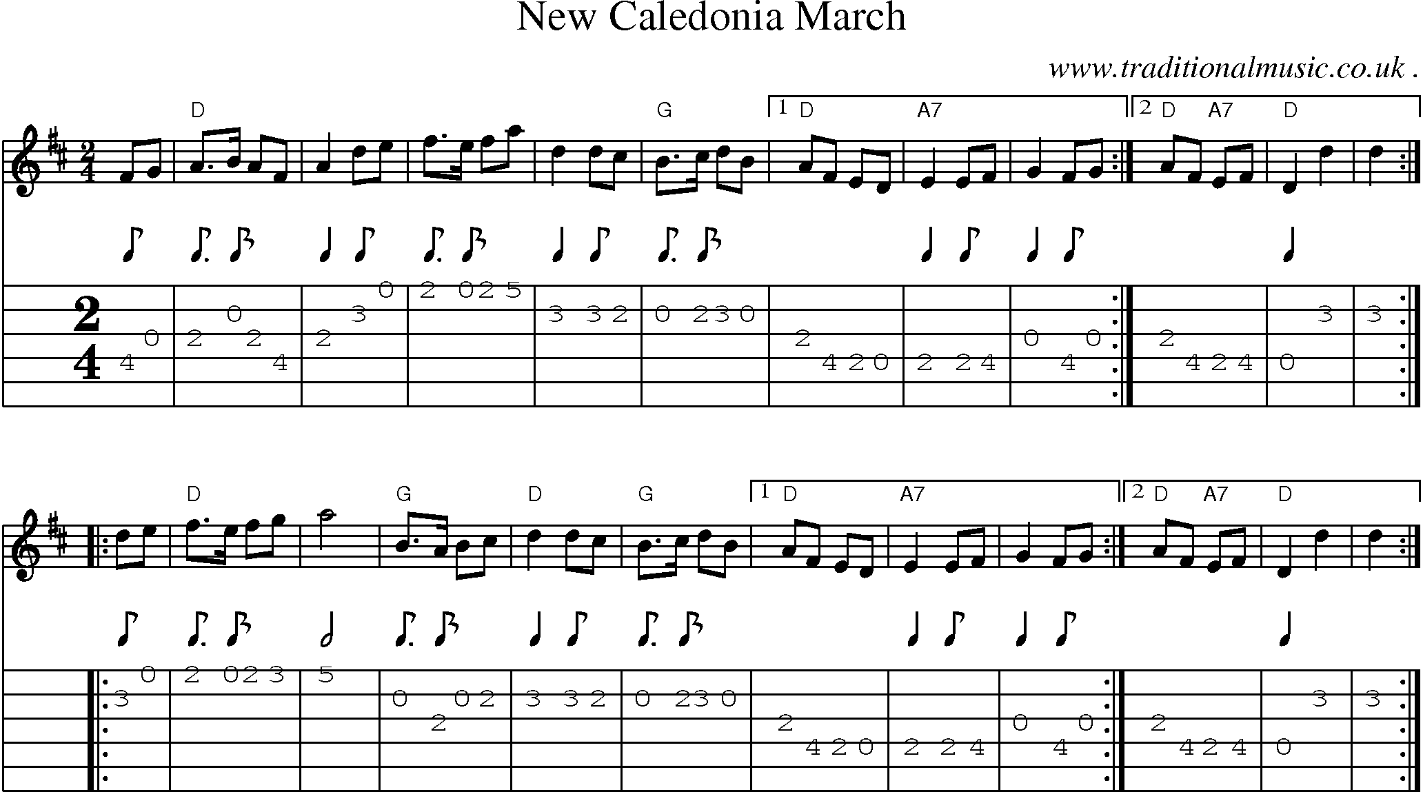 Sheet-music  score, Chords and Guitar Tabs for New Caledonia March