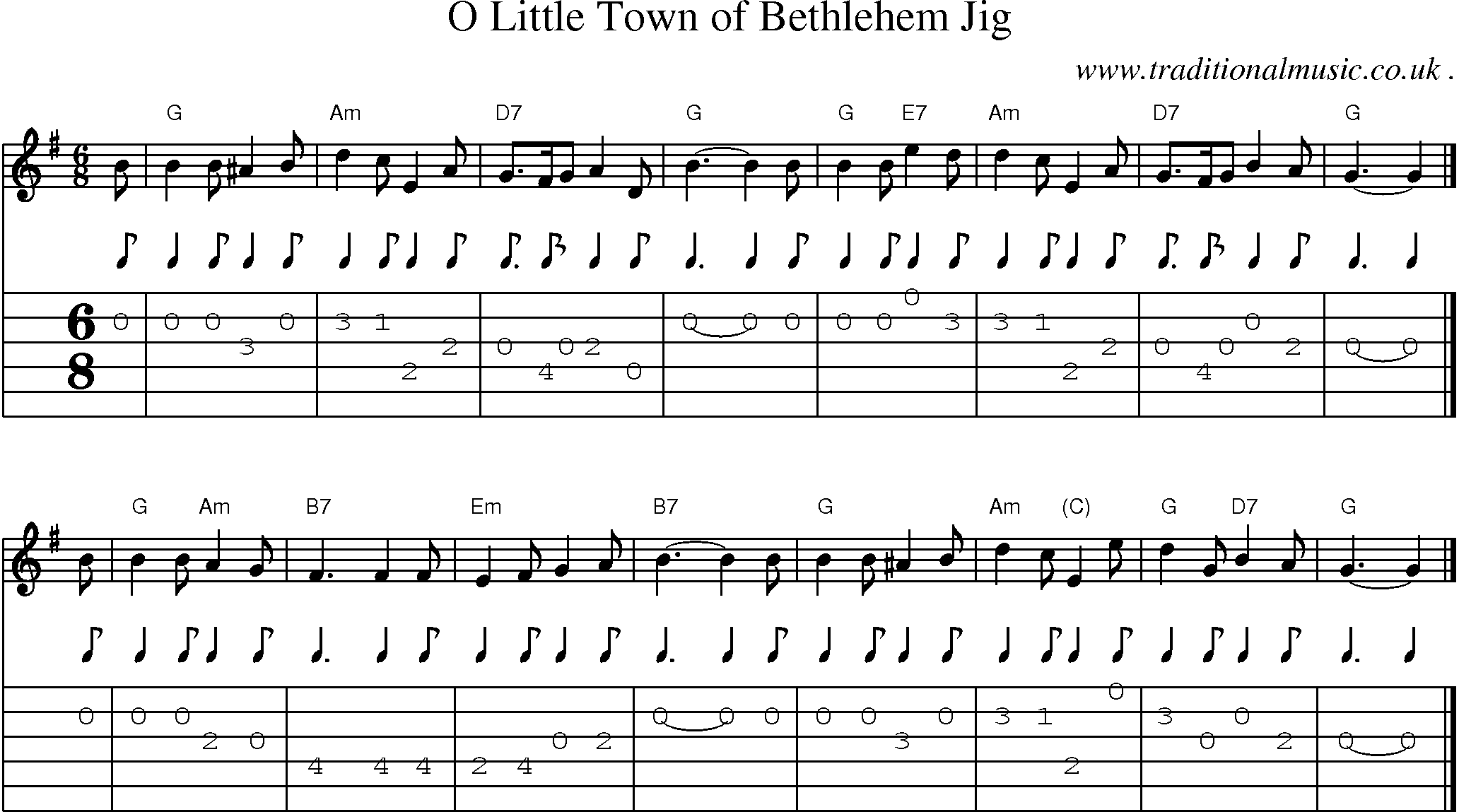 Sheet-music  score, Chords and Guitar Tabs for O Little Town Of Bethlehem Jig