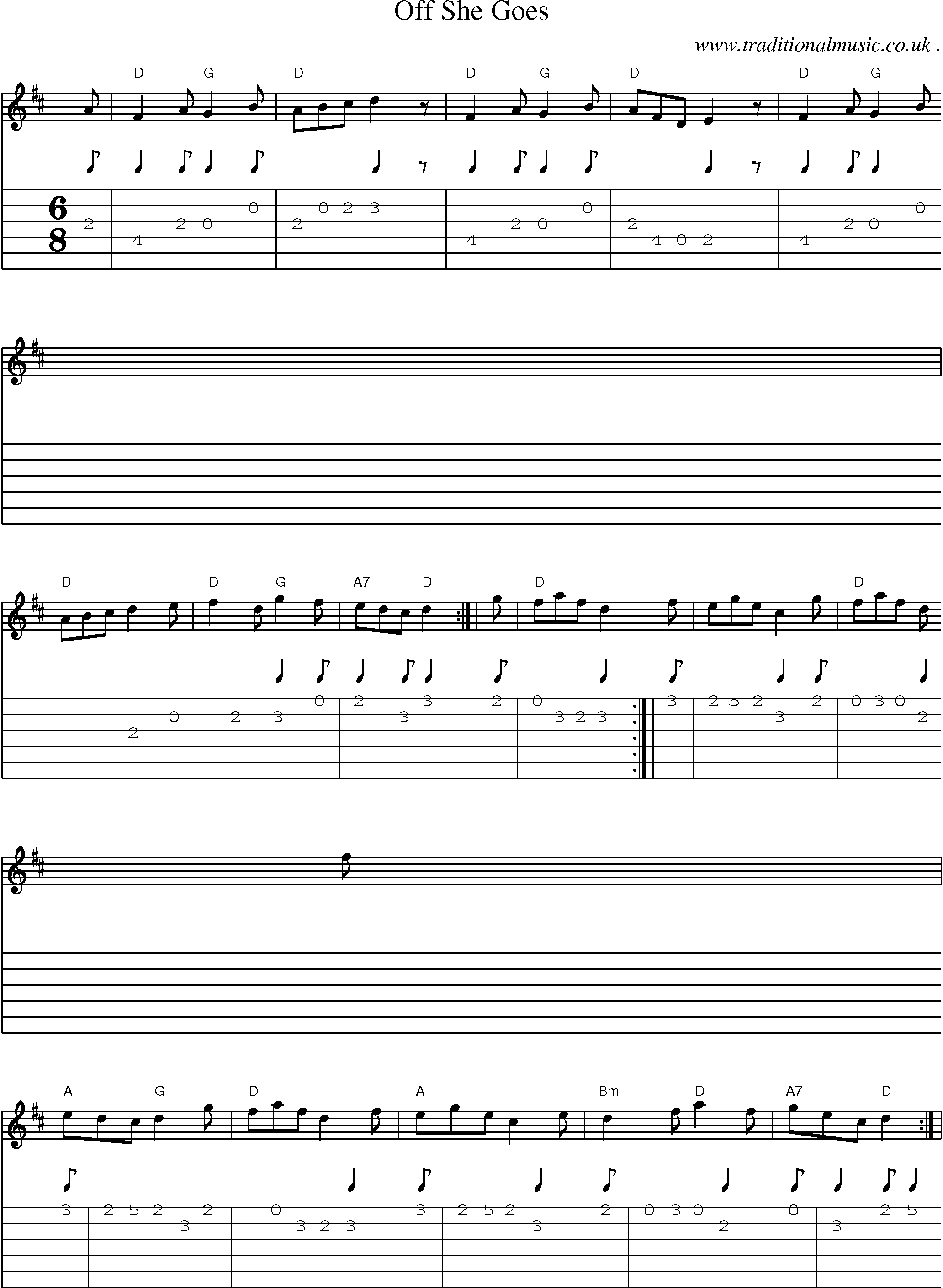 Sheet-music  score, Chords and Guitar Tabs for Off She Goes
