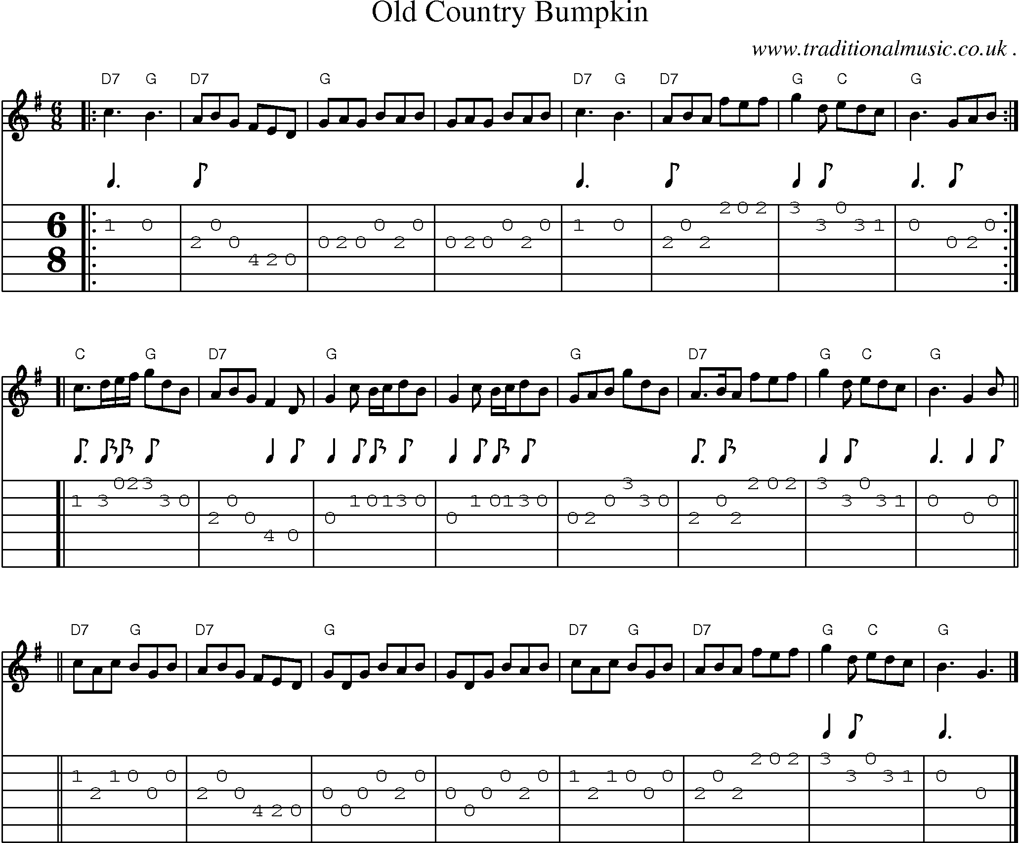 Sheet-music  score, Chords and Guitar Tabs for Old Country Bumpkin