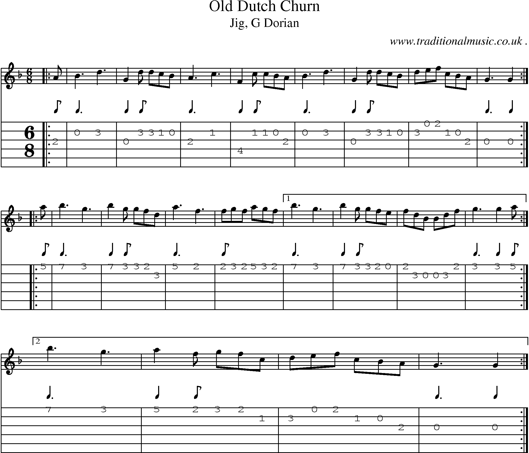 Sheet-music  score, Chords and Guitar Tabs for Old Dutch Churn