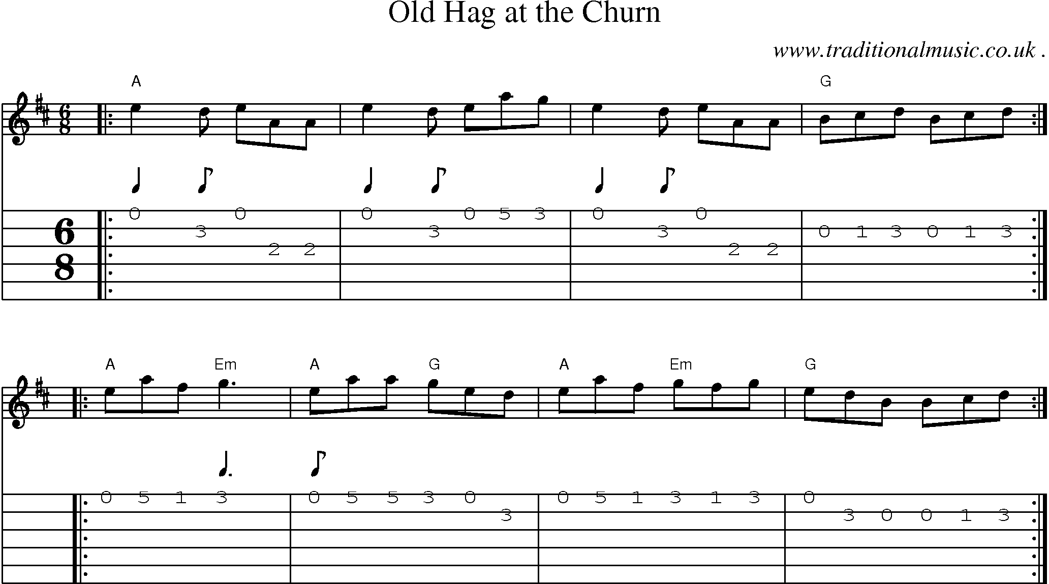 Sheet-music  score, Chords and Guitar Tabs for Old Hag At The Churn