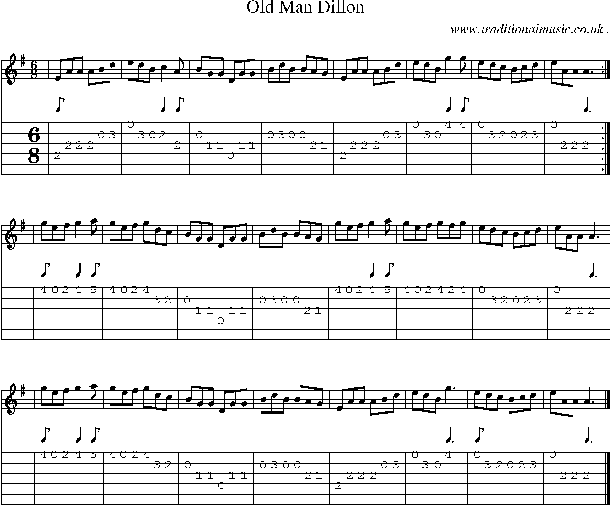 Sheet-music  score, Chords and Guitar Tabs for Old Man Dillon