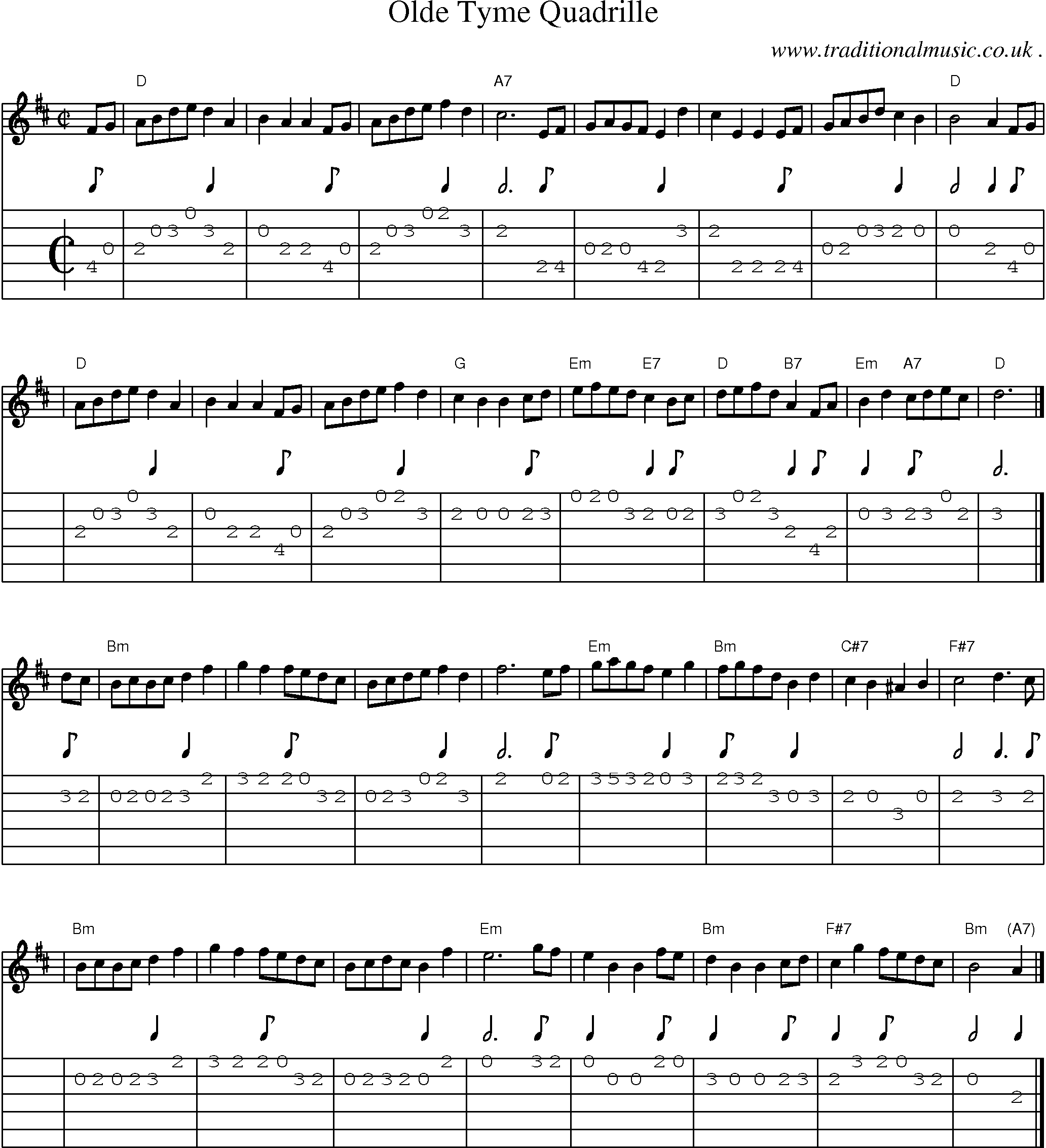 Sheet-music  score, Chords and Guitar Tabs for Olde Tyme Quadrille