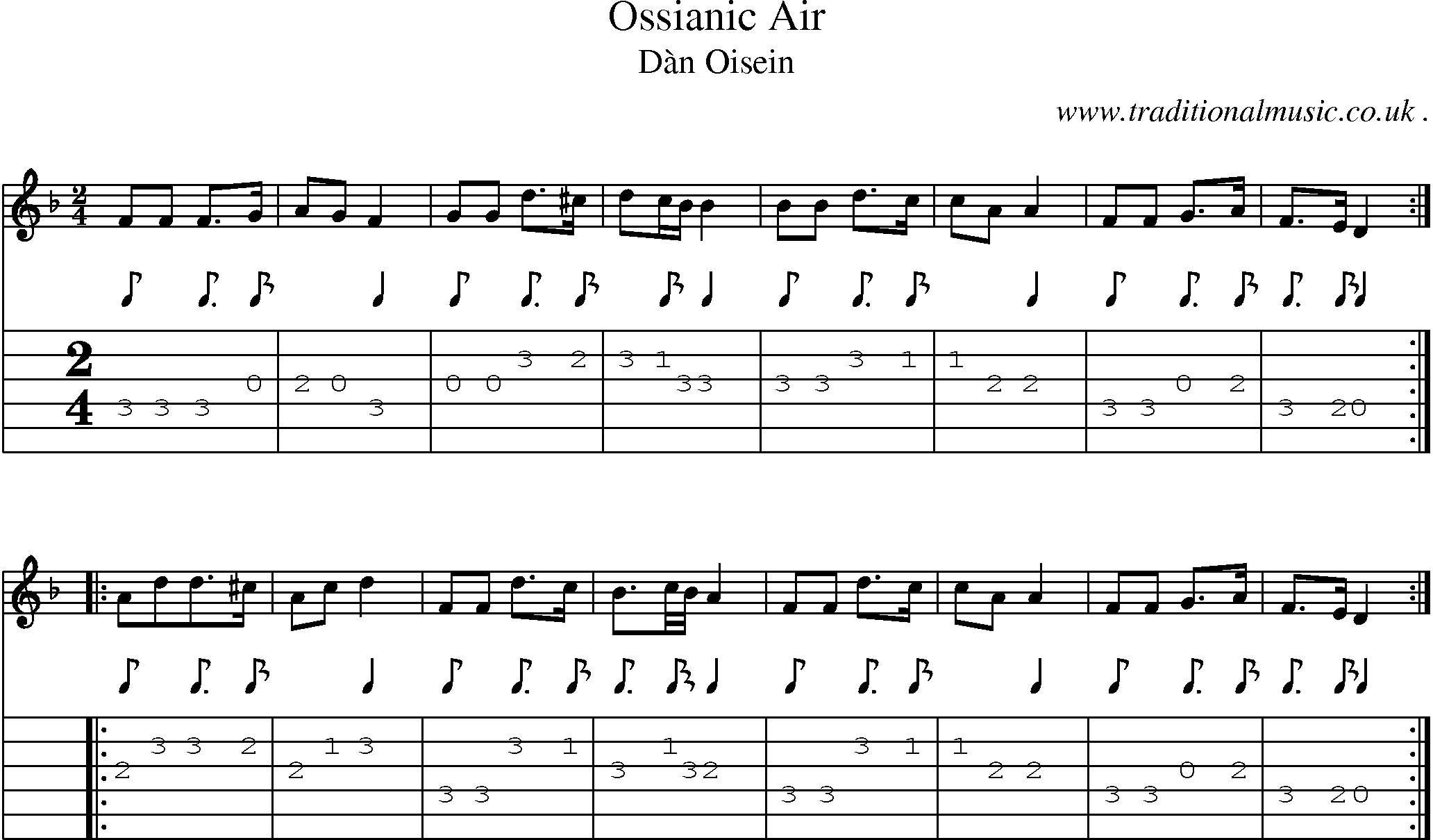 Sheet-music  score, Chords and Guitar Tabs for Ossianic Air