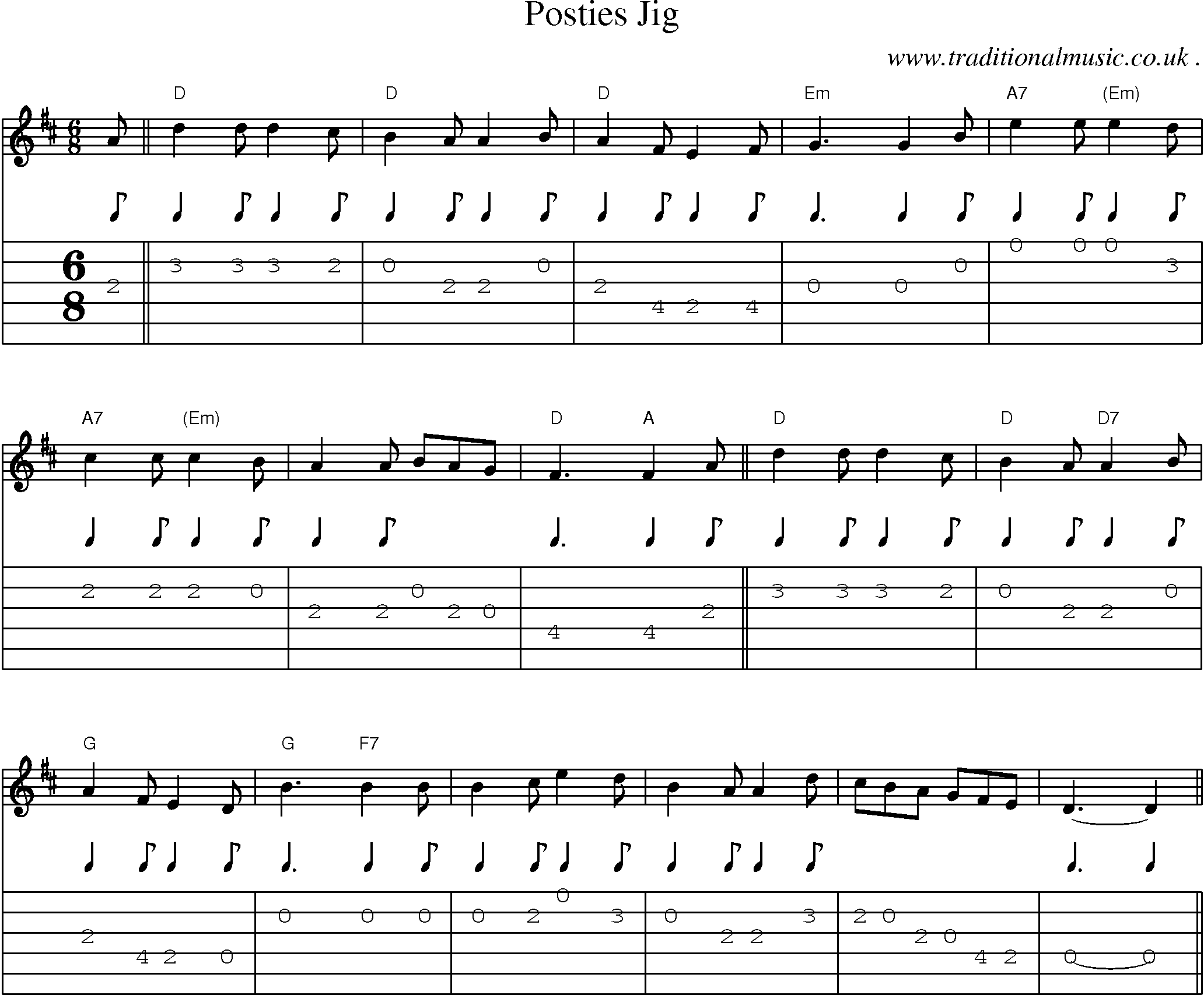 Sheet-music  score, Chords and Guitar Tabs for Posties Jig