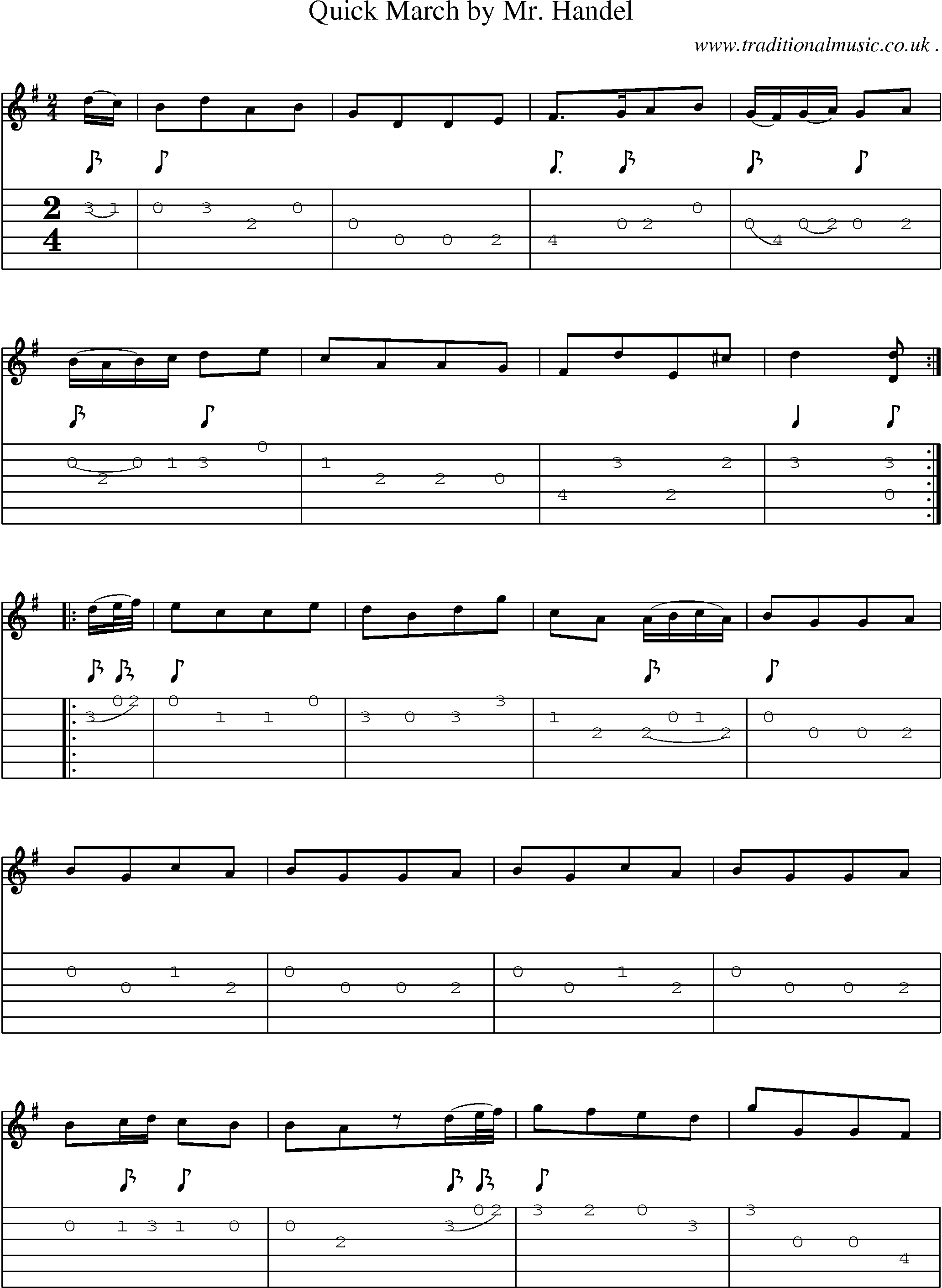 Sheet-music  score, Chords and Guitar Tabs for Quick March By Mr Handel
