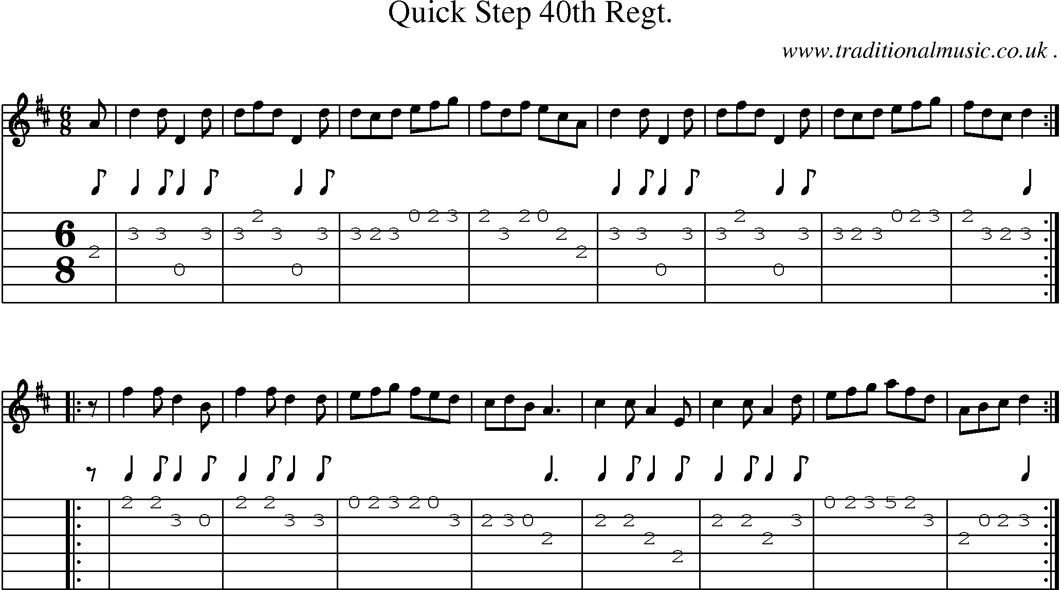 Sheet-music  score, Chords and Guitar Tabs for Quick Step 40th Regt