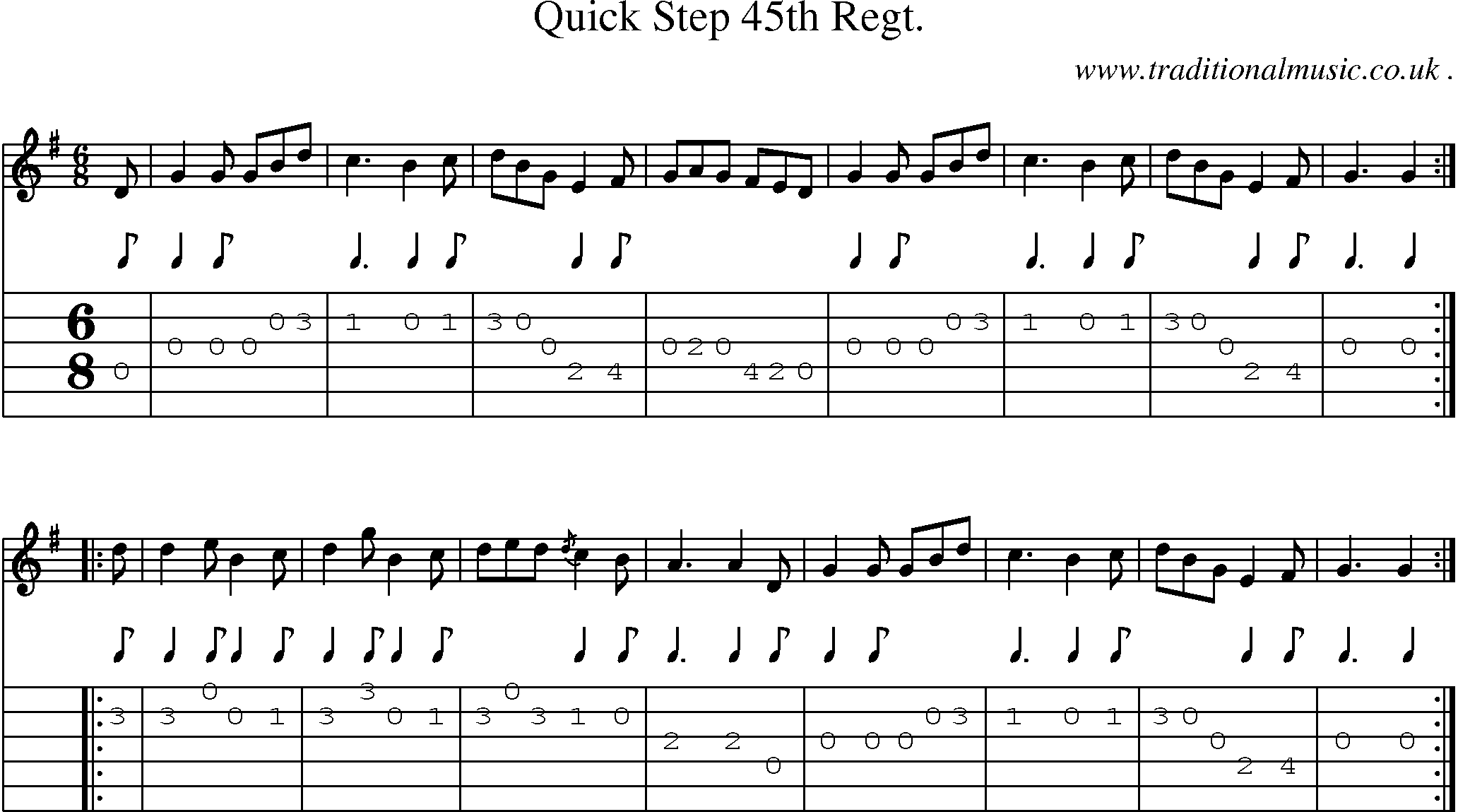 Sheet-music  score, Chords and Guitar Tabs for Quick Step 45th Regt
