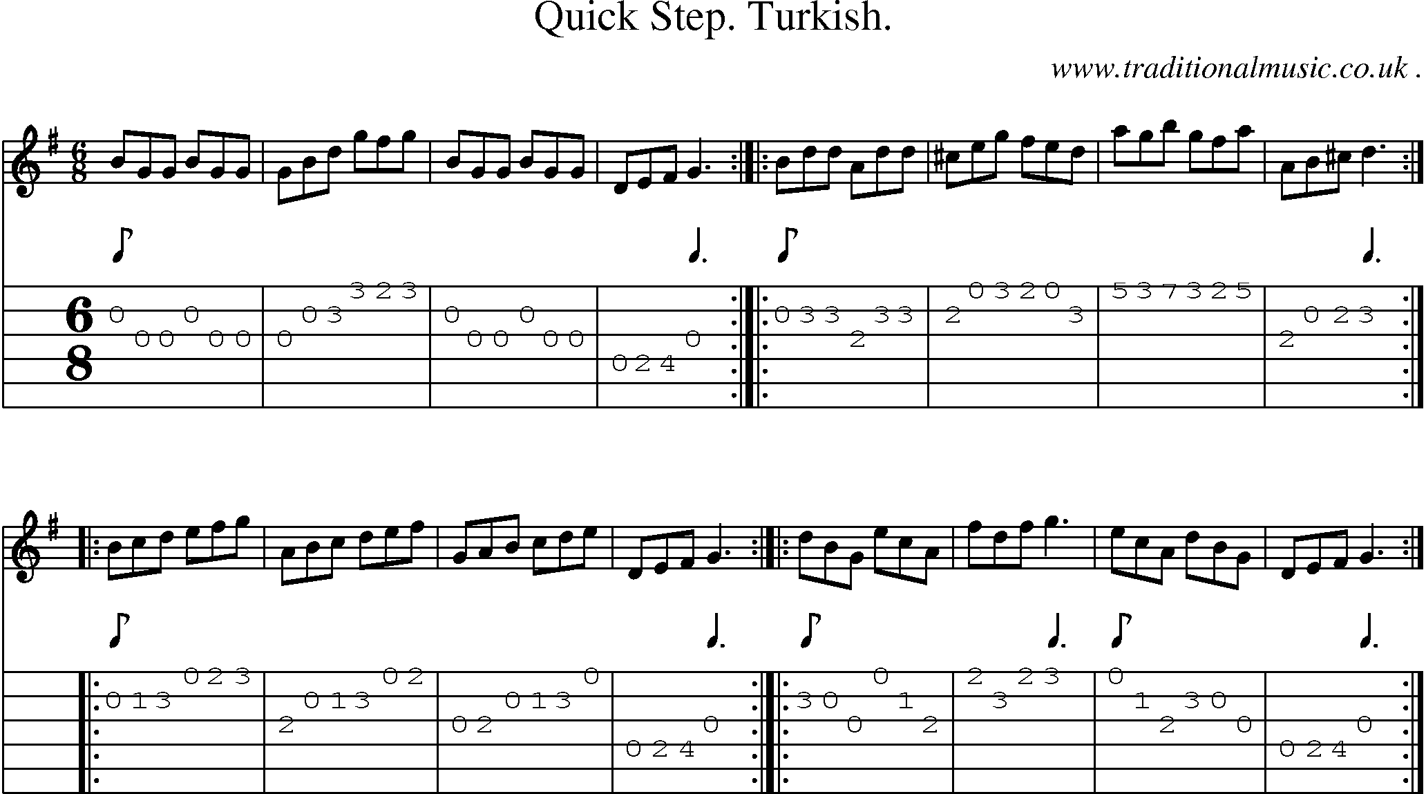 Sheet-music  score, Chords and Guitar Tabs for Quick Step Turkish