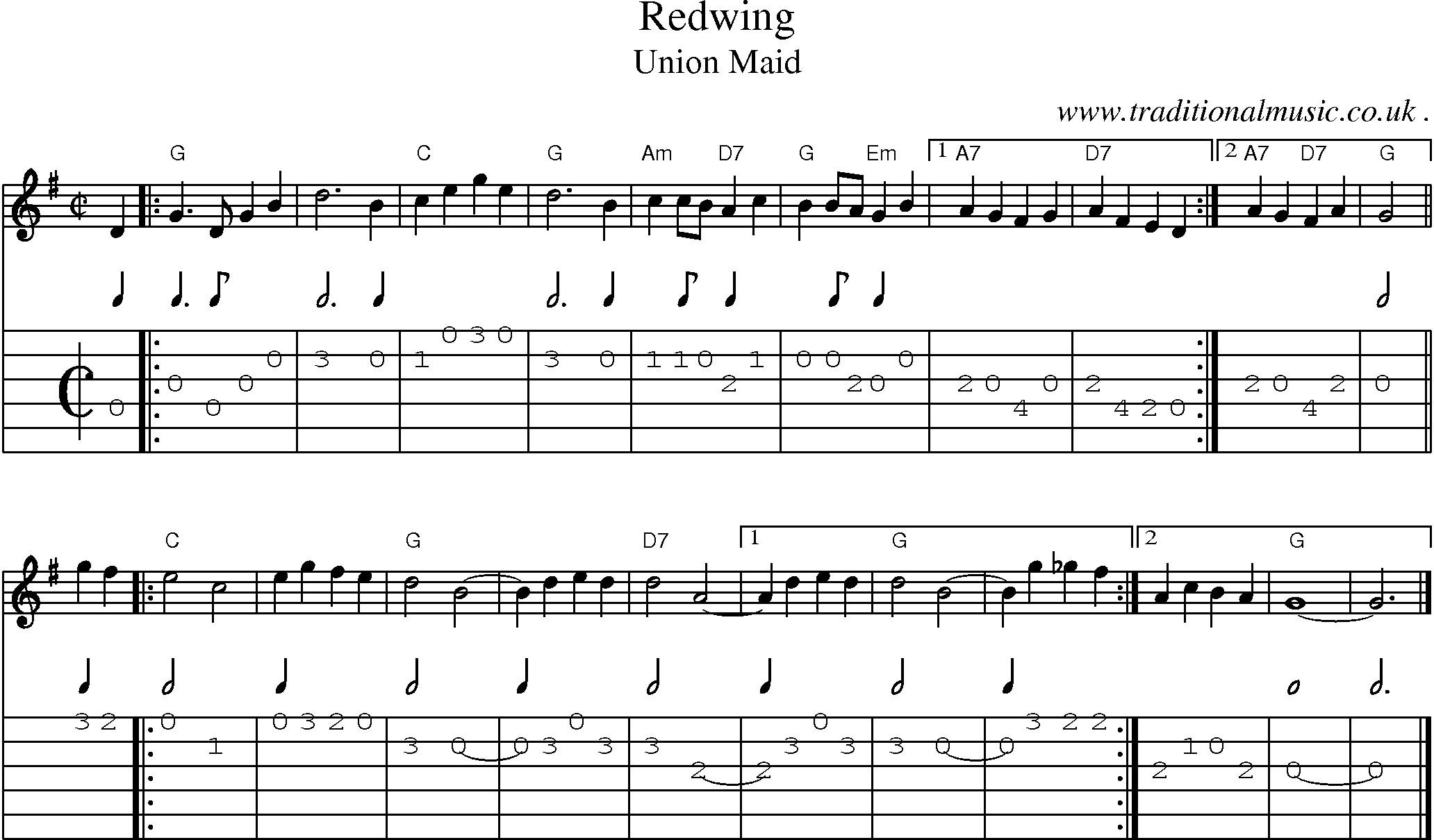 Sheet-music  score, Chords and Guitar Tabs for Redwing