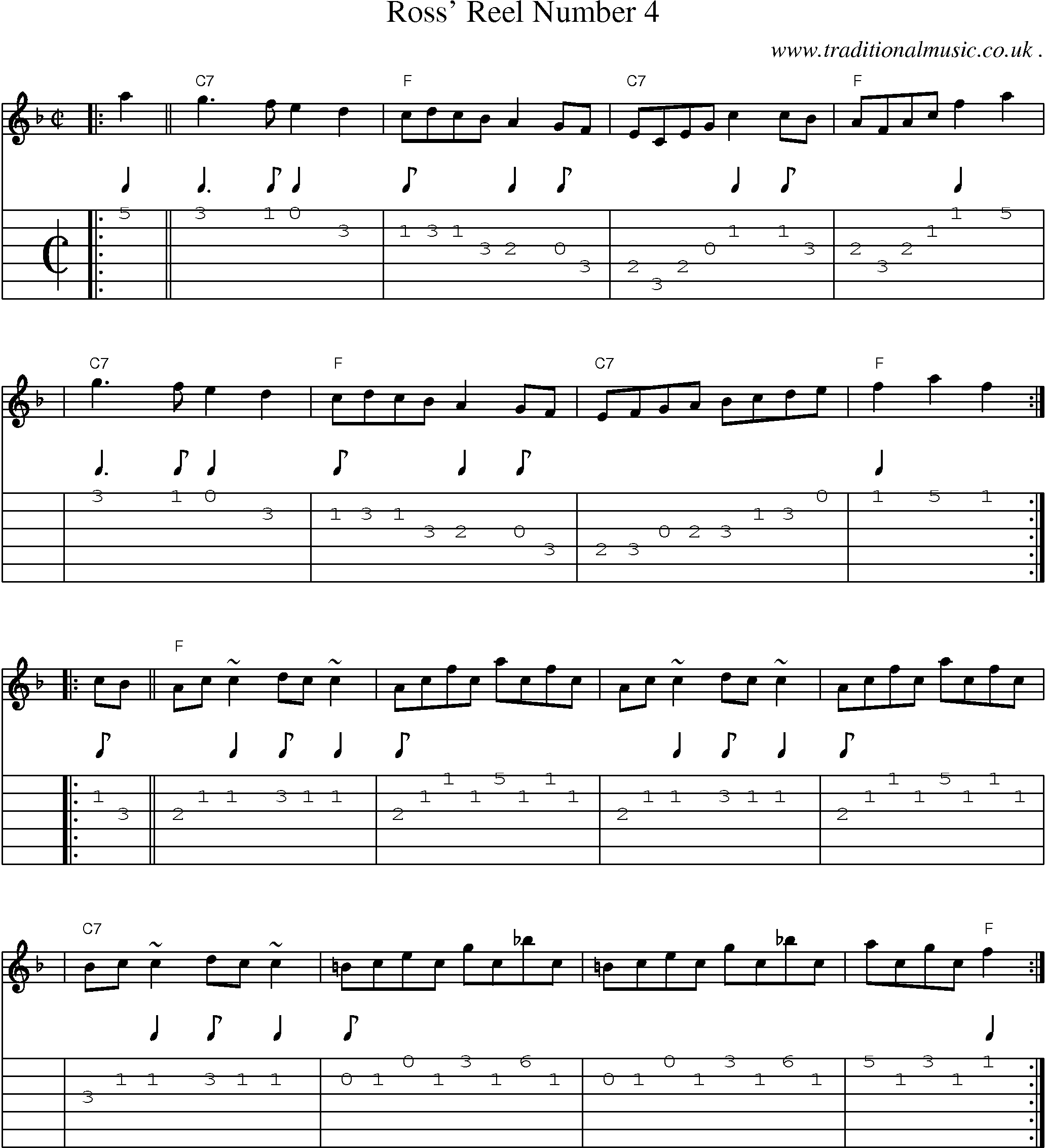 Sheet-music  score, Chords and Guitar Tabs for Ross Reel Number 4
