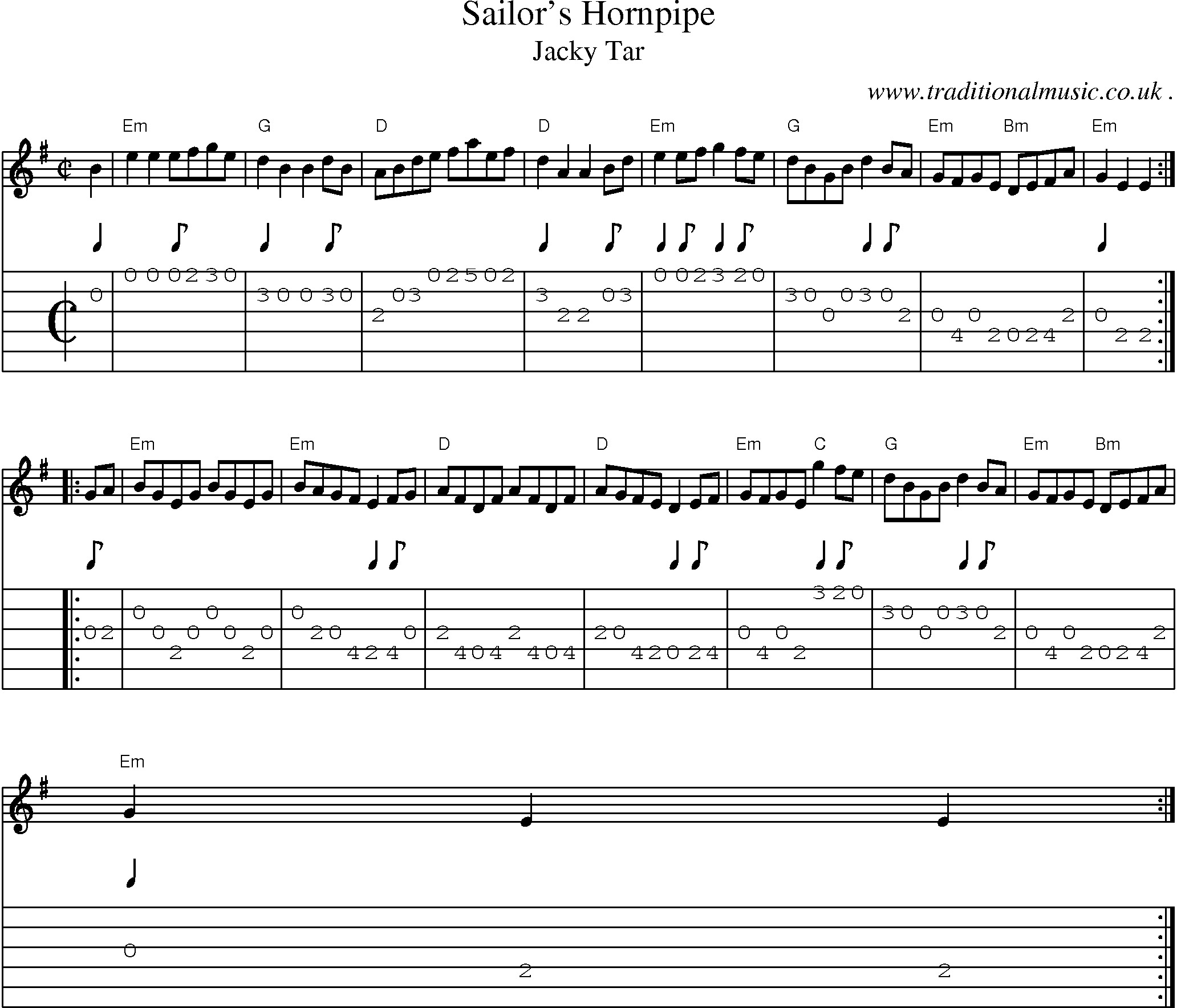 Sheet-music  score, Chords and Guitar Tabs for Sailors Hornpipe
