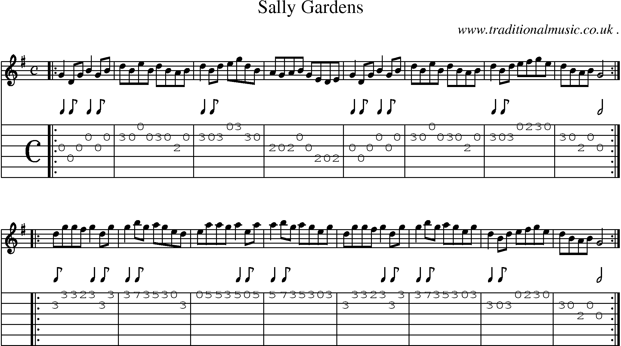 Sheet-music  score, Chords and Guitar Tabs for Sally Gardens