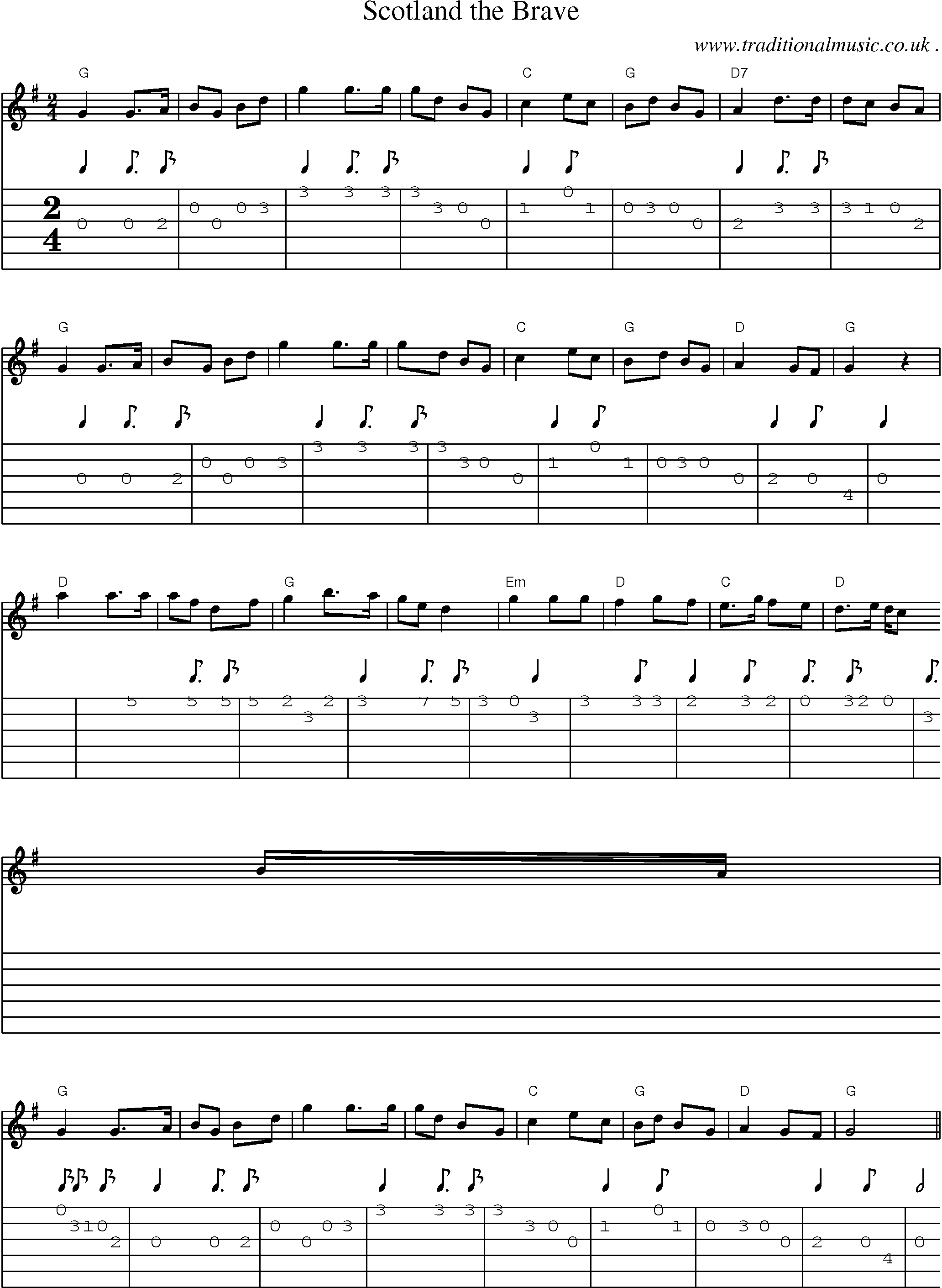 Sheet-music  score, Chords and Guitar Tabs for Scotland The Brave