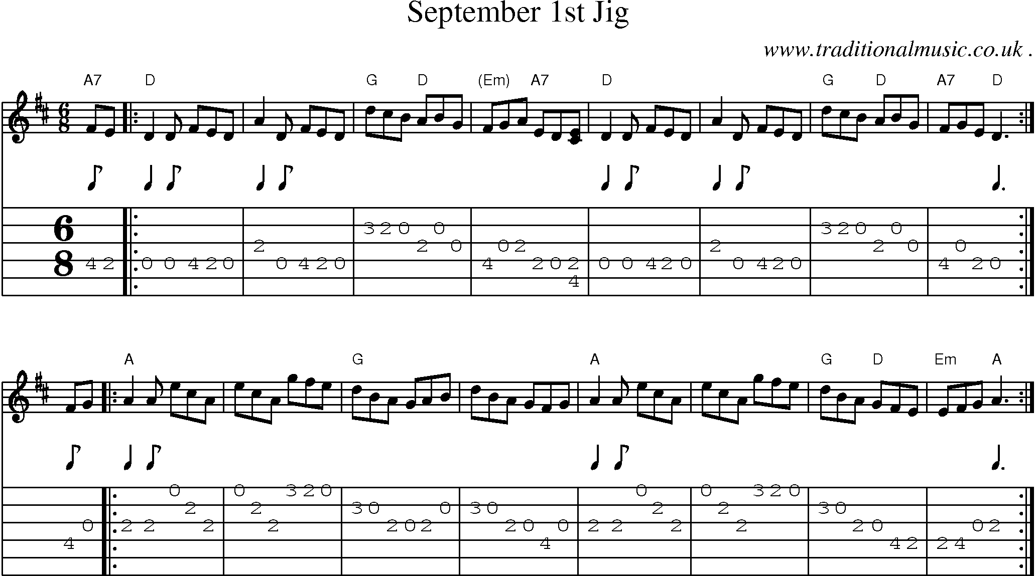 Sheet-music  score, Chords and Guitar Tabs for September 1st Jig