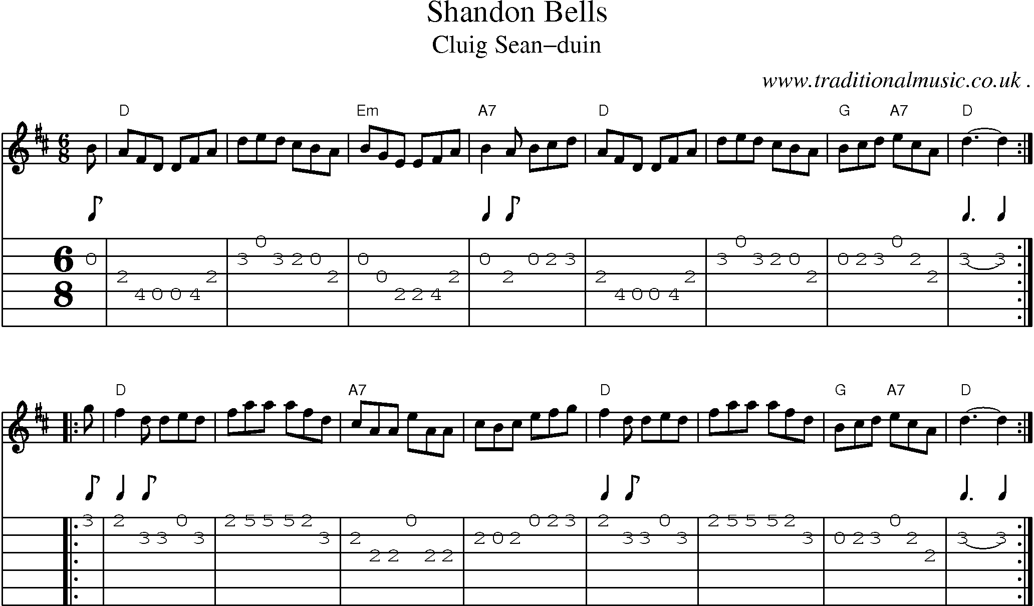 Sheet-music  score, Chords and Guitar Tabs for Shandon Bells