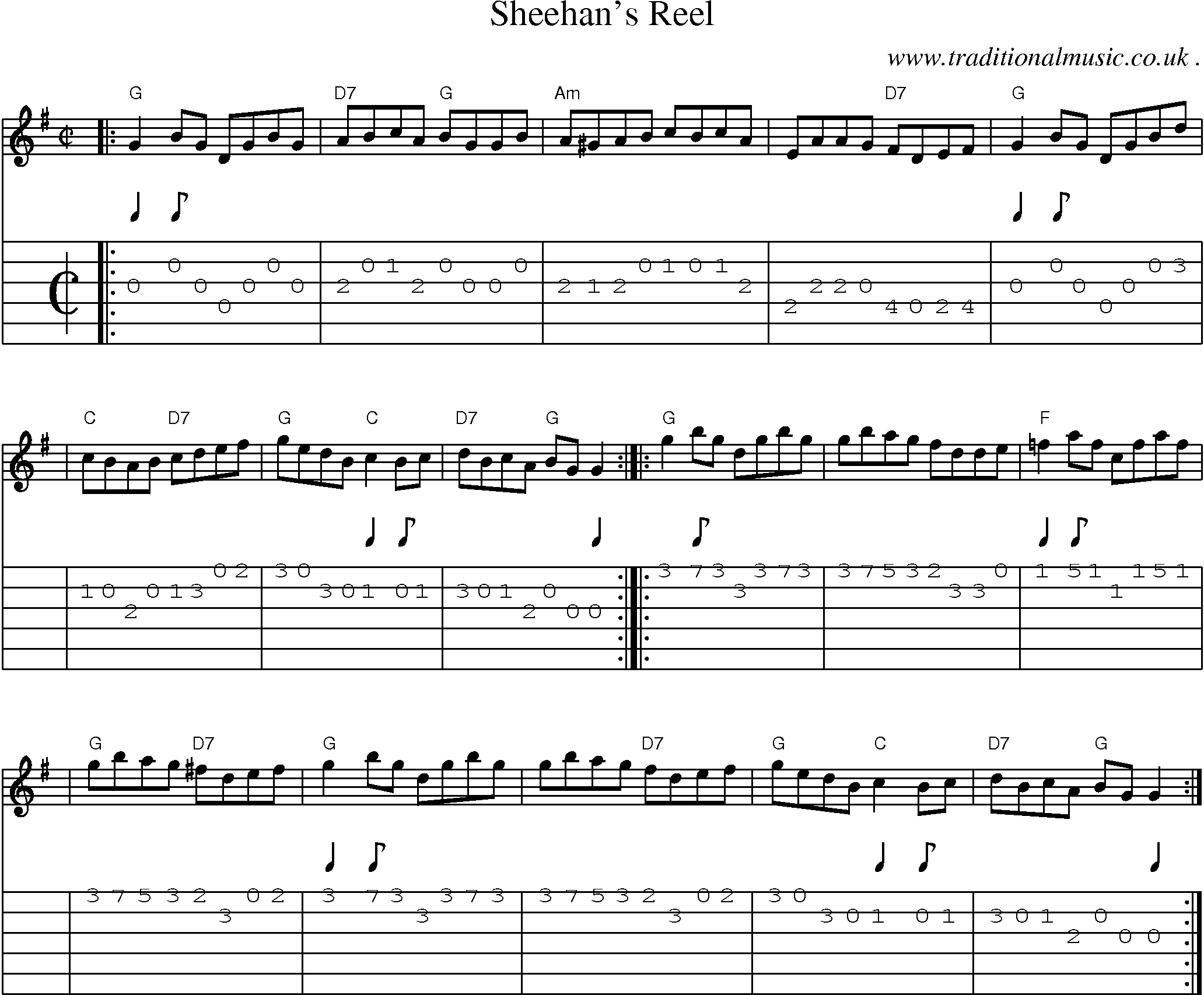 Sheet-music  score, Chords and Guitar Tabs for Sheehans Reel
