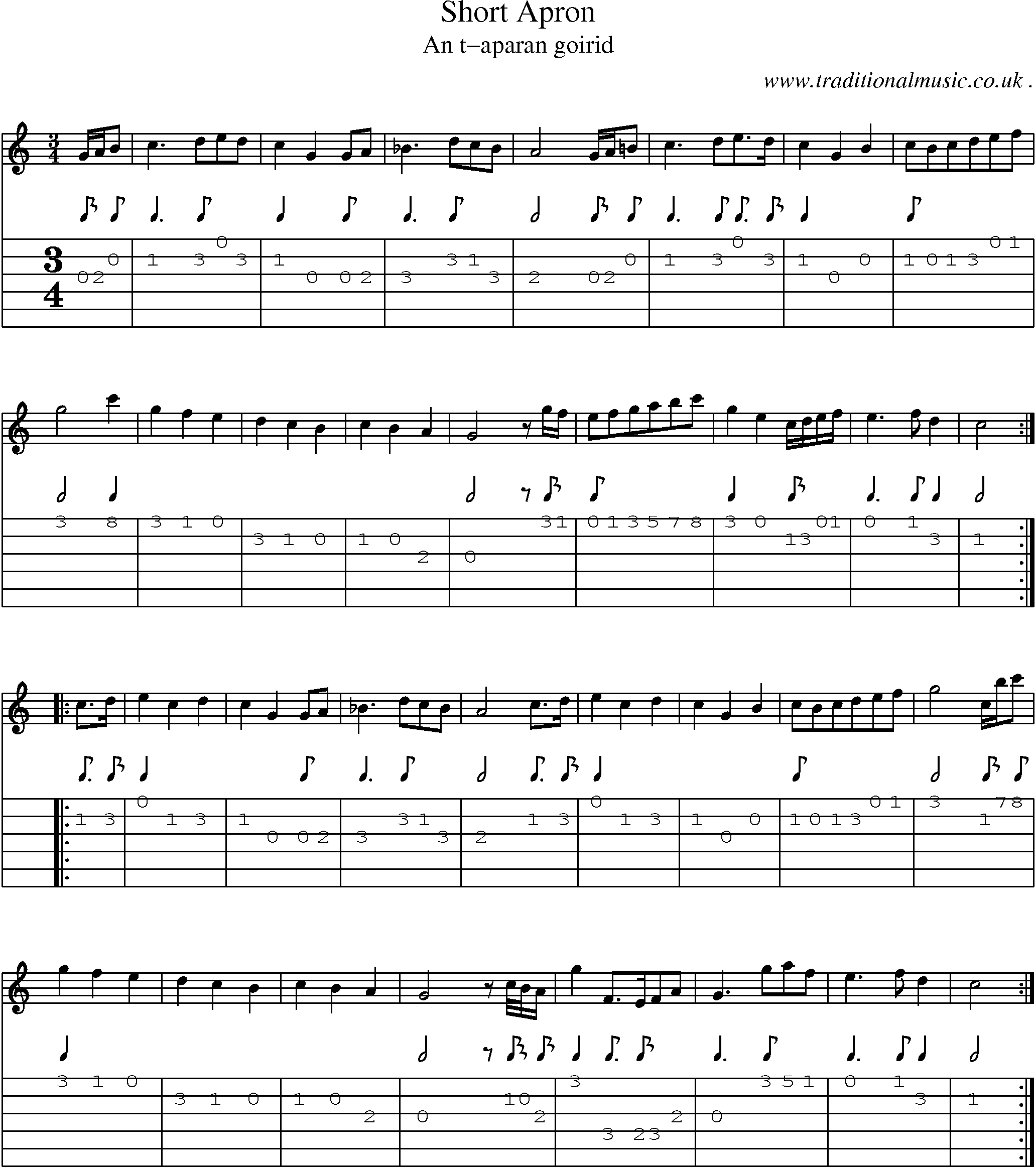 Sheet-music  score, Chords and Guitar Tabs for Short Apron