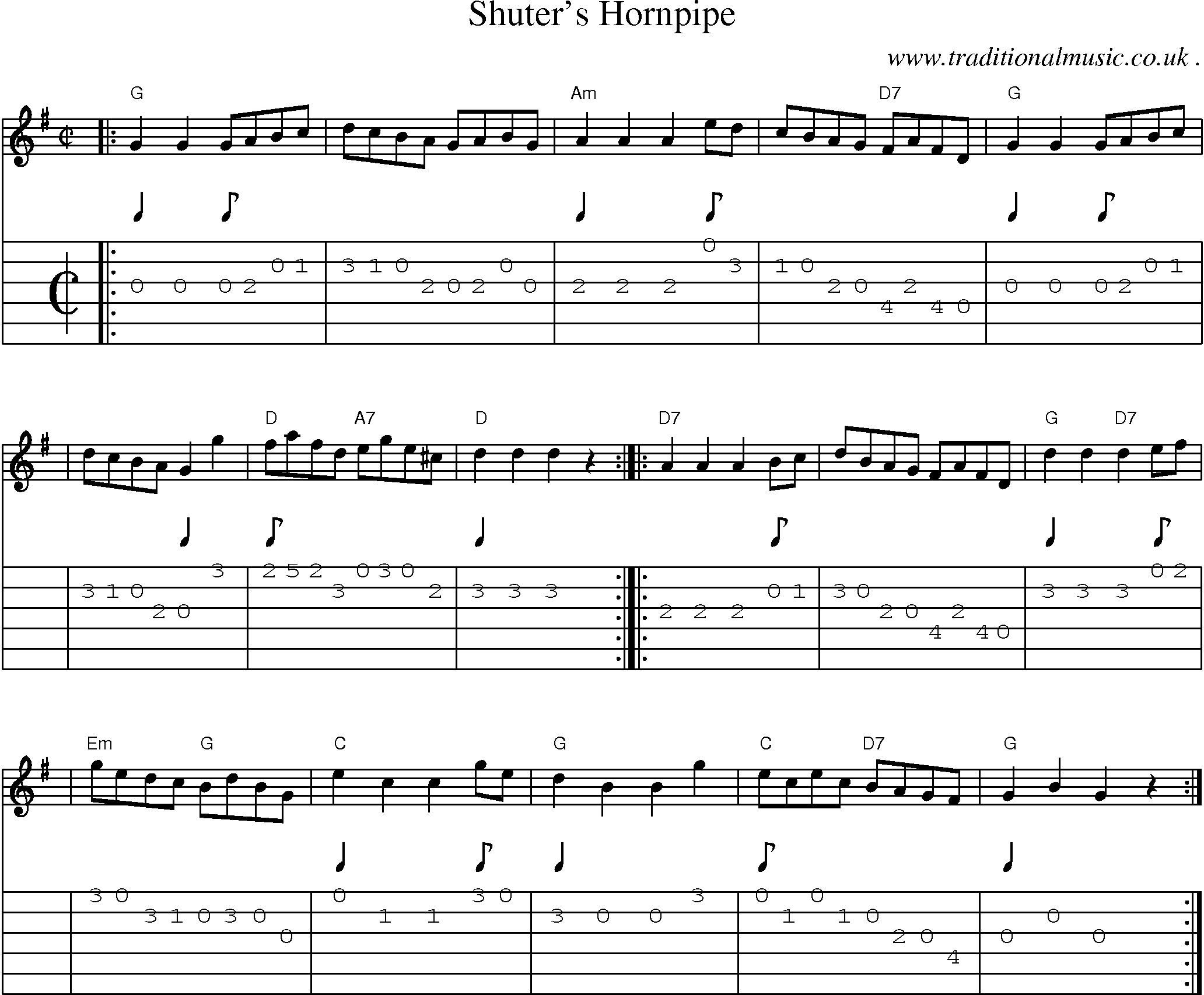 Sheet-music  score, Chords and Guitar Tabs for Shuters Hornpipe