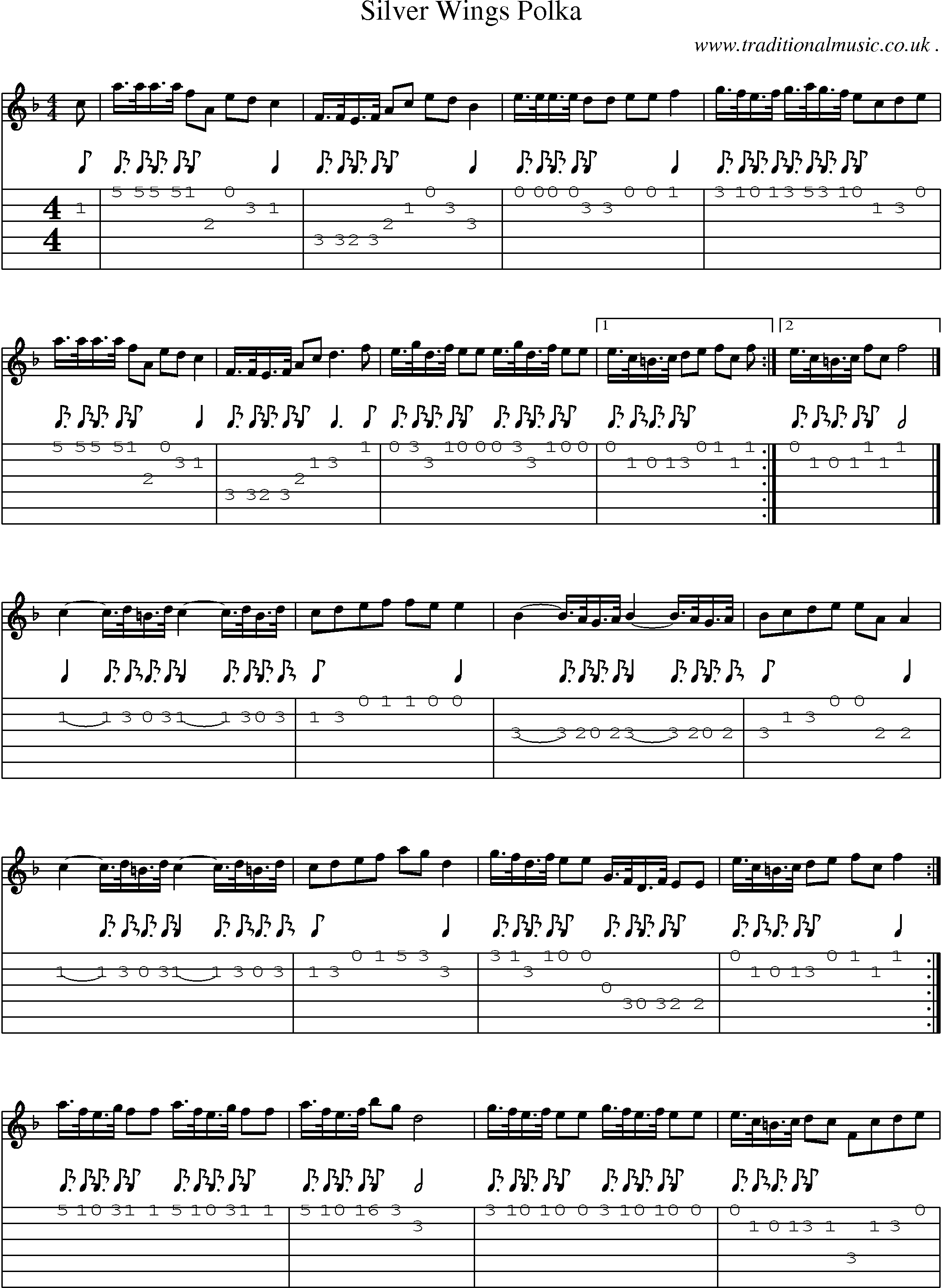 Sheet-music  score, Chords and Guitar Tabs for Silver Wings Polka