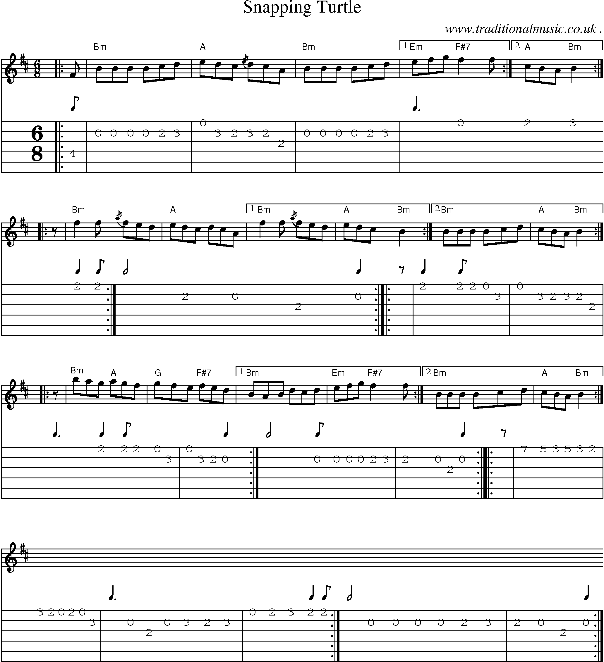 Sheet-music  score, Chords and Guitar Tabs for Snapping Turtle