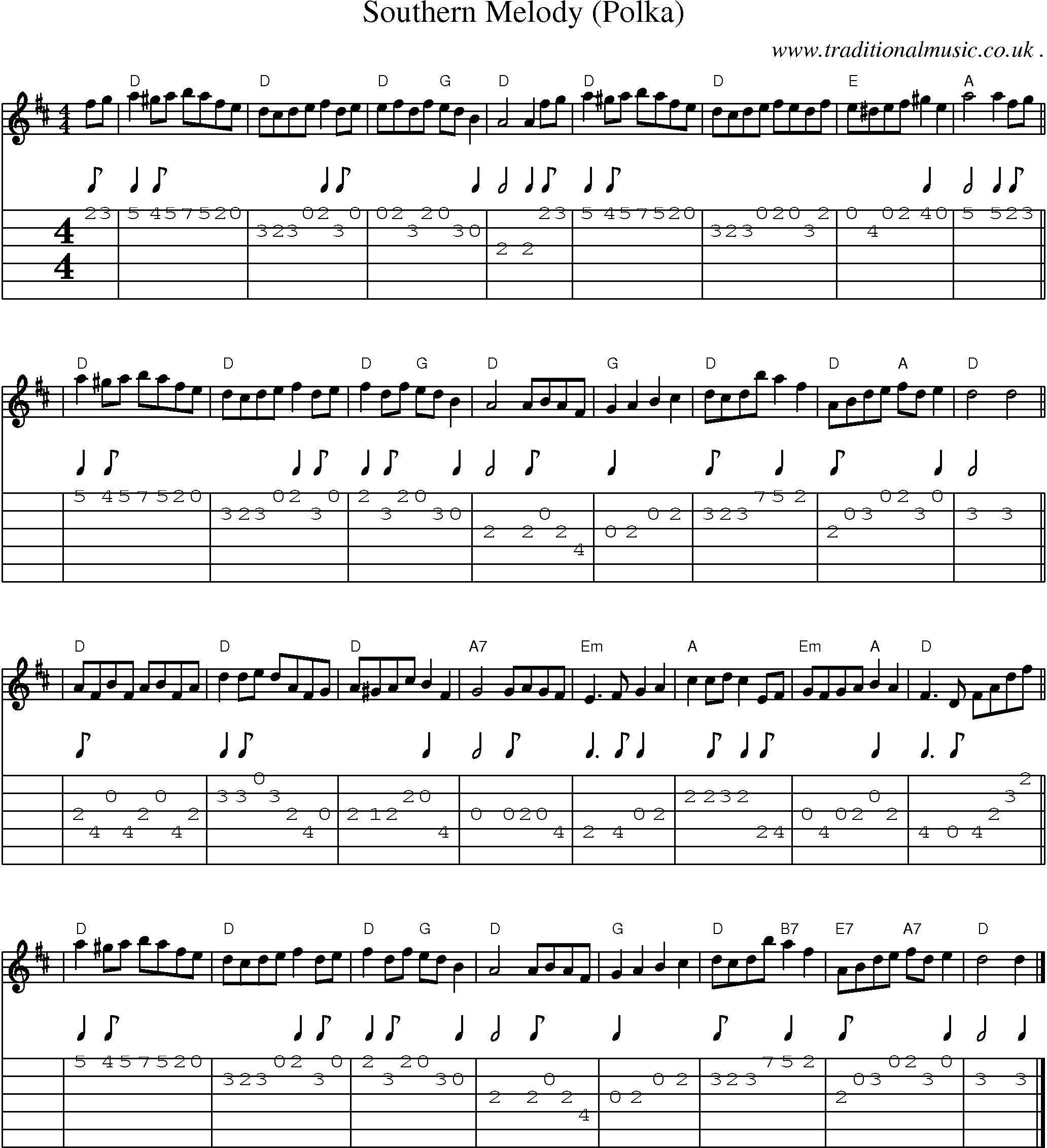 Sheet-music  score, Chords and Guitar Tabs for Southern Melody Polka