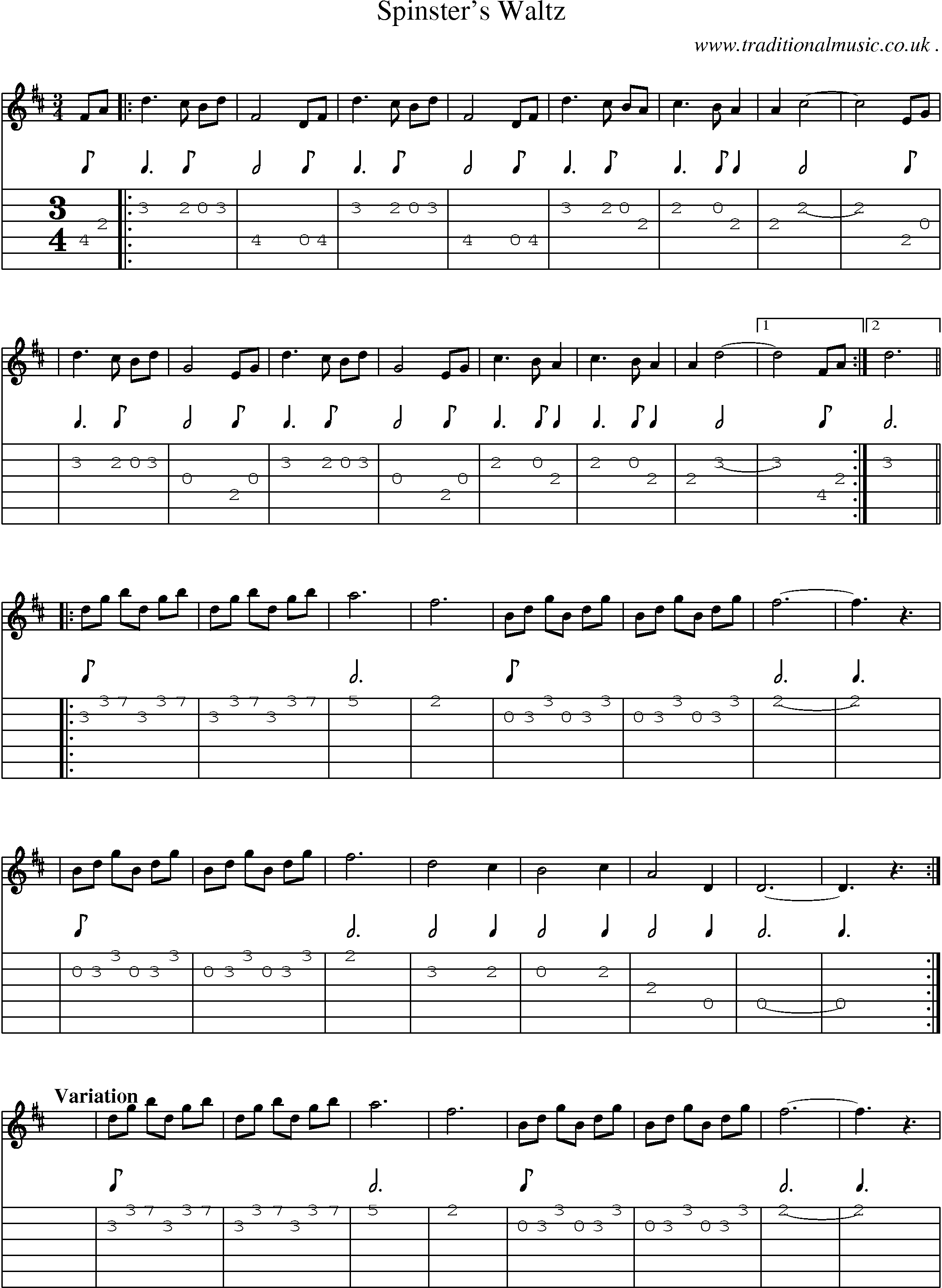 Sheet-music  score, Chords and Guitar Tabs for Spinsters Waltz