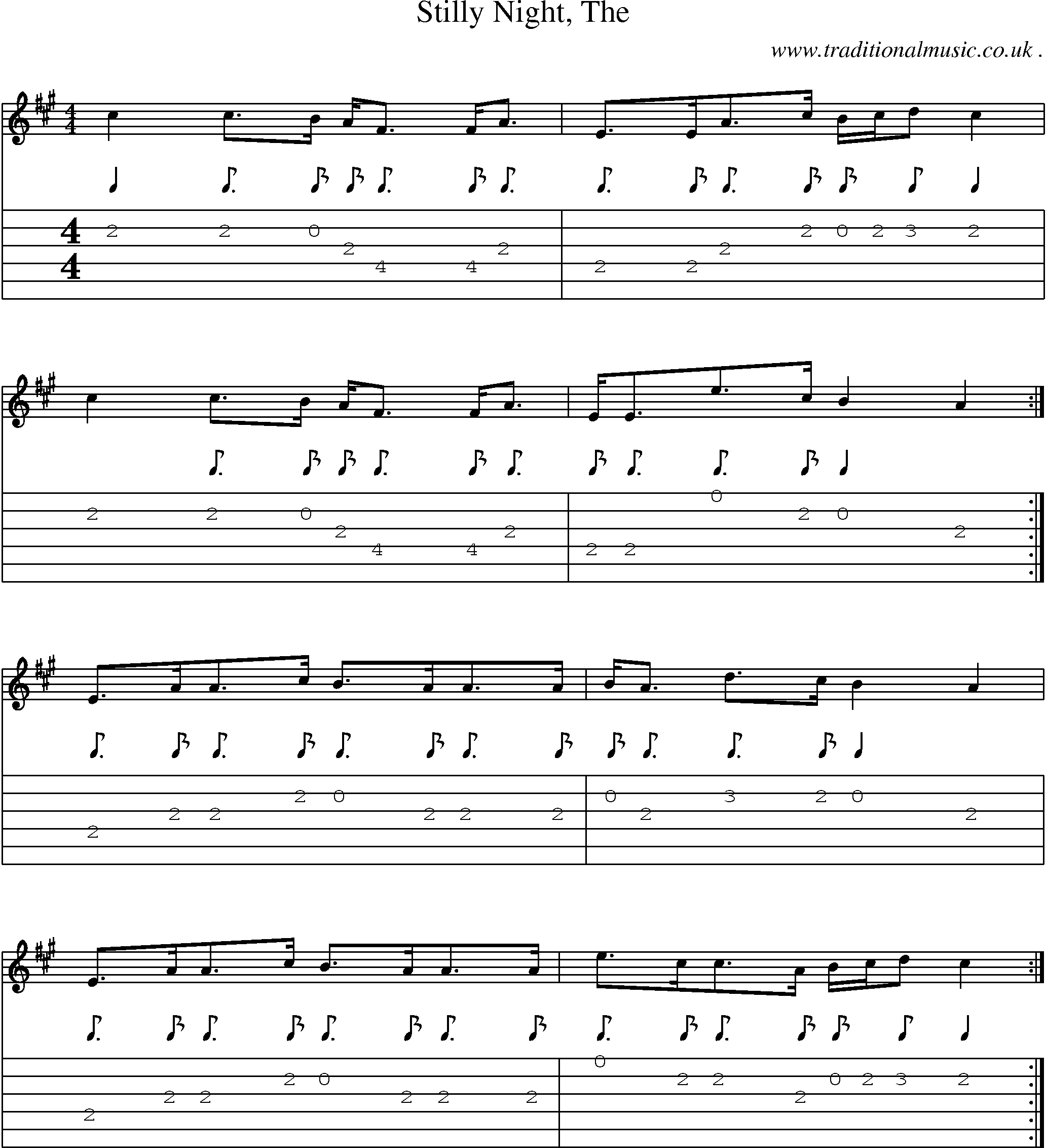 Sheet-music  score, Chords and Guitar Tabs for Stilly Night The